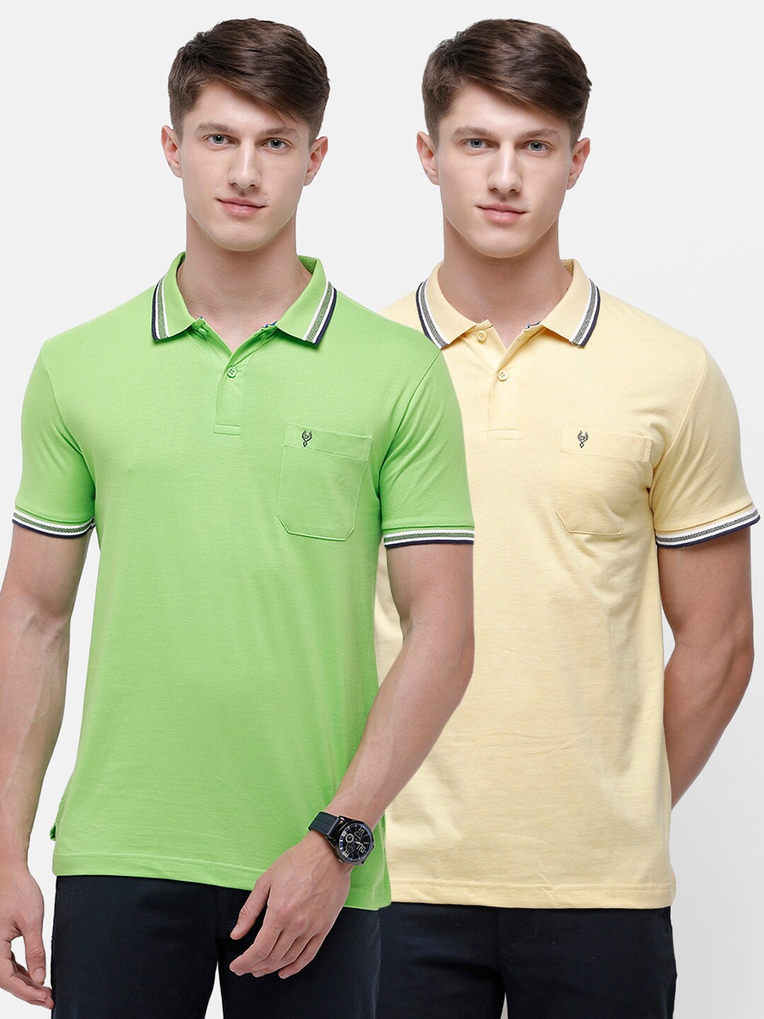 

Classic Polo Men Pack Of 2 Green & Yellow Pure Cotton Polo Collar Slim Fit T-shirt