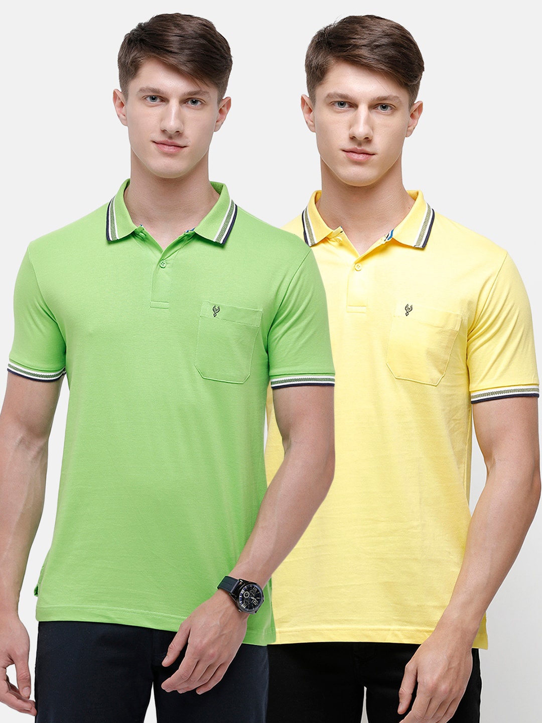 

Classic Polo Men Pack Of 2 Green & Yellow Polo Collar Pockets Slim Fit T-shirt