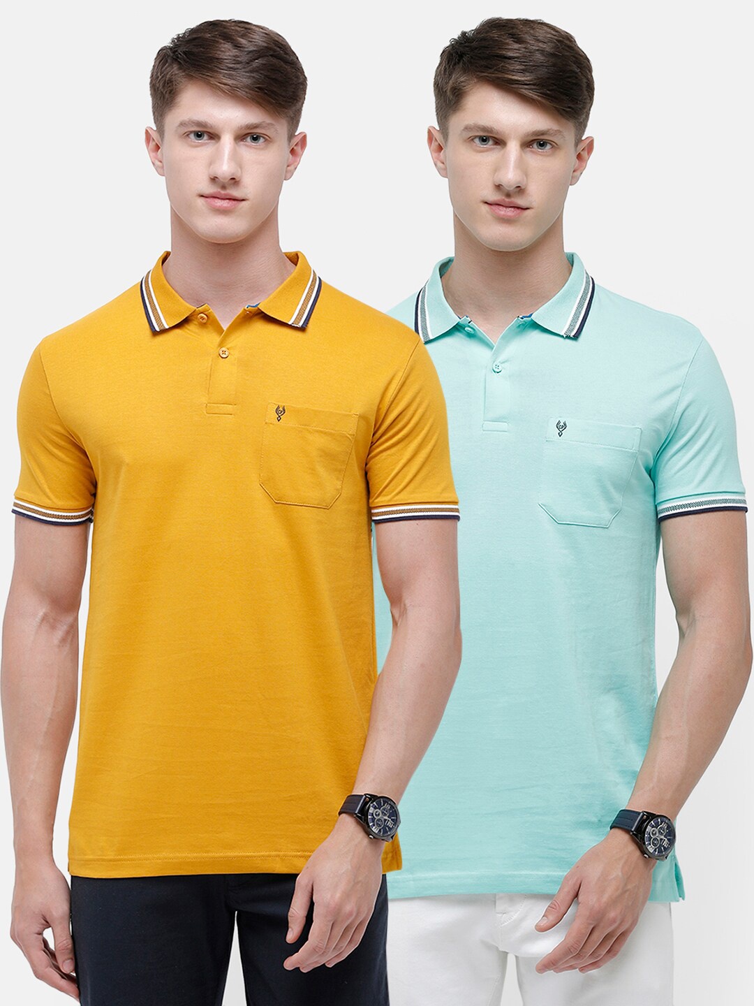 

Classic Polo Men Pack of 2 Teal & Mustard Yellow Solid Polo Collar T-shirt