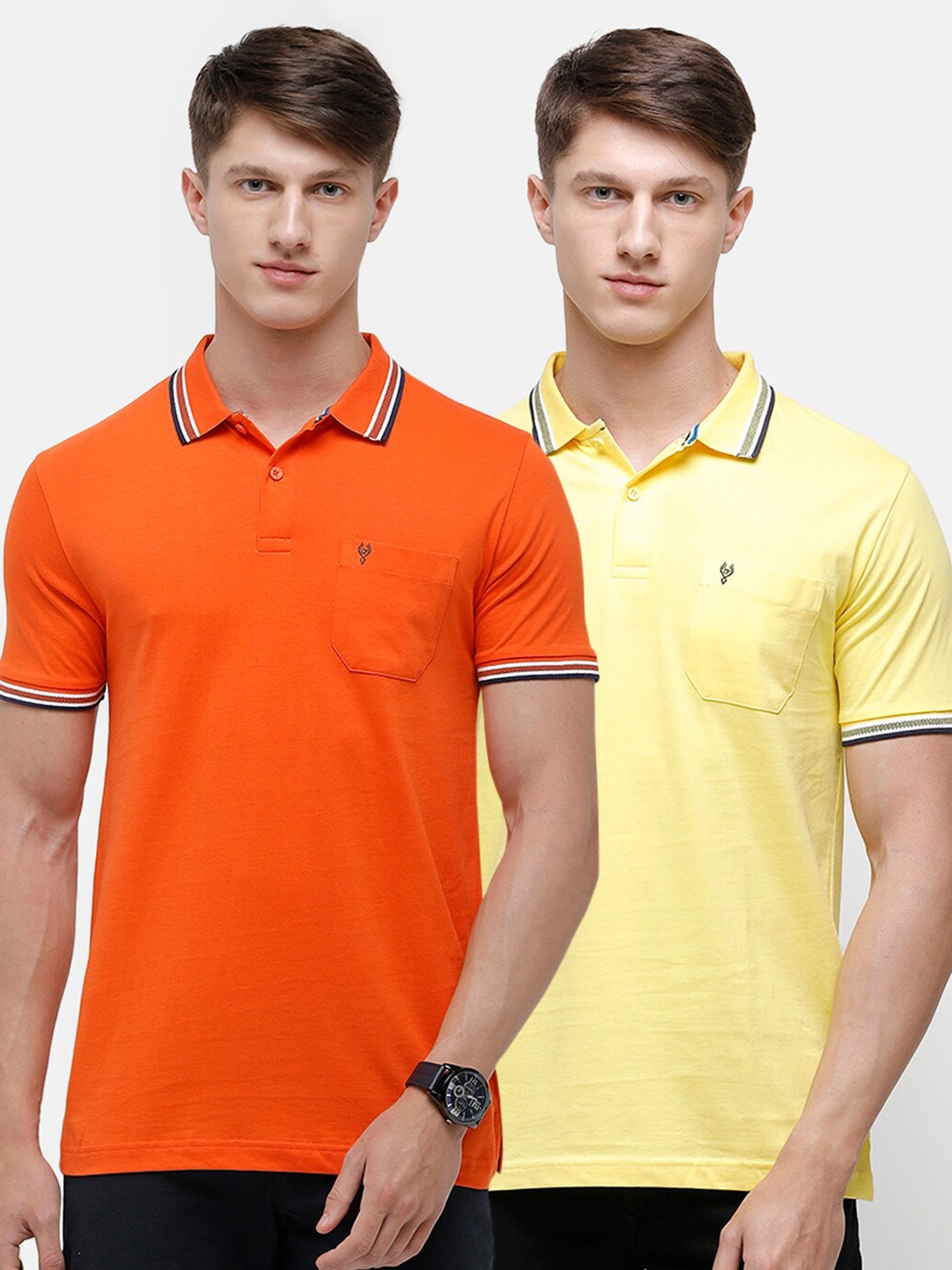 

Classic Polo Men Pack Of 2 Orange & Yellow Polo Collar Pockets Slim Fit T-shirt