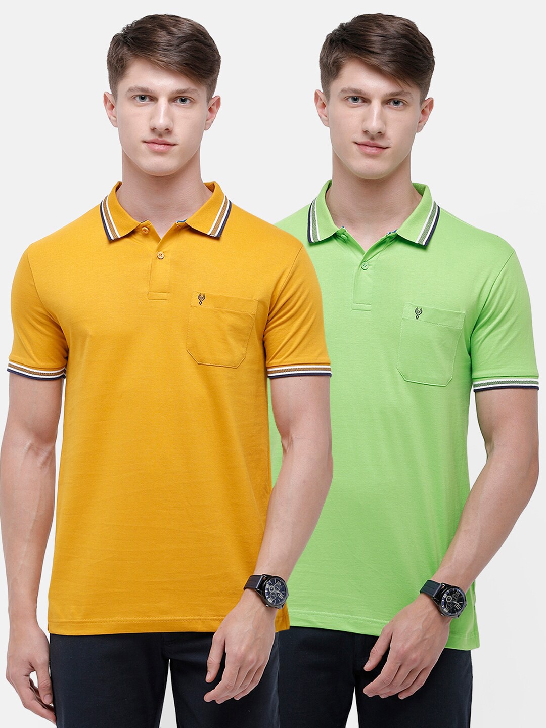 

Classic Polo Men Yellow & Green 2 Polo Collar Pockets Slim Fit T-shirt