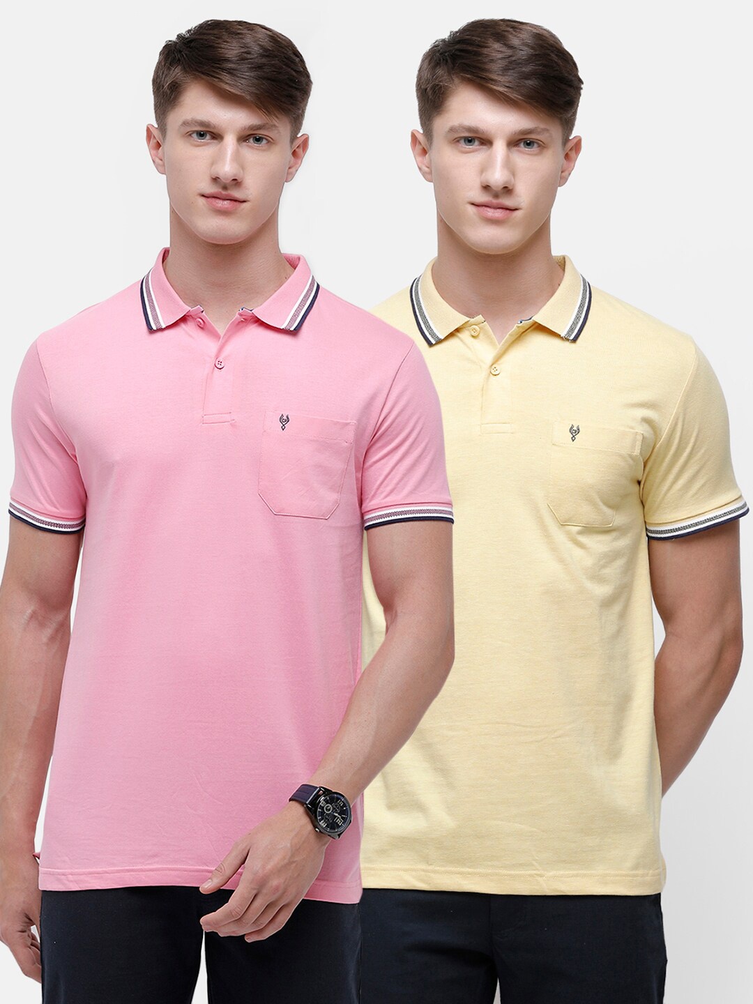 

Classic Polo Men Pack Of 2 Pink & Yellow Polo Collar Pure Cotton Slim Fit T-shirt