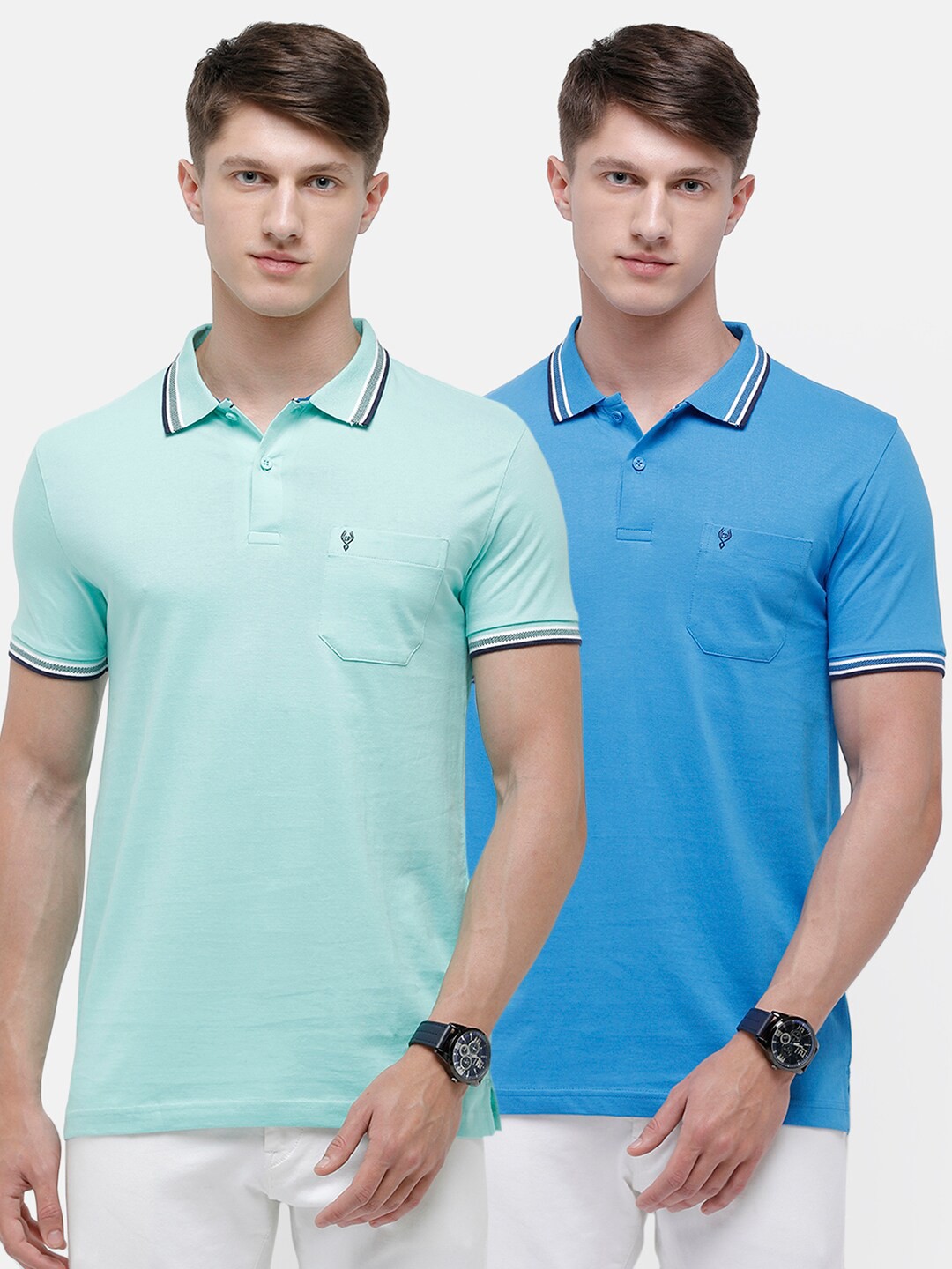 

Classic Polo Men Set of 2 Blue Polo Collar Pockets Slim Fit Pure Cotton T-shirt