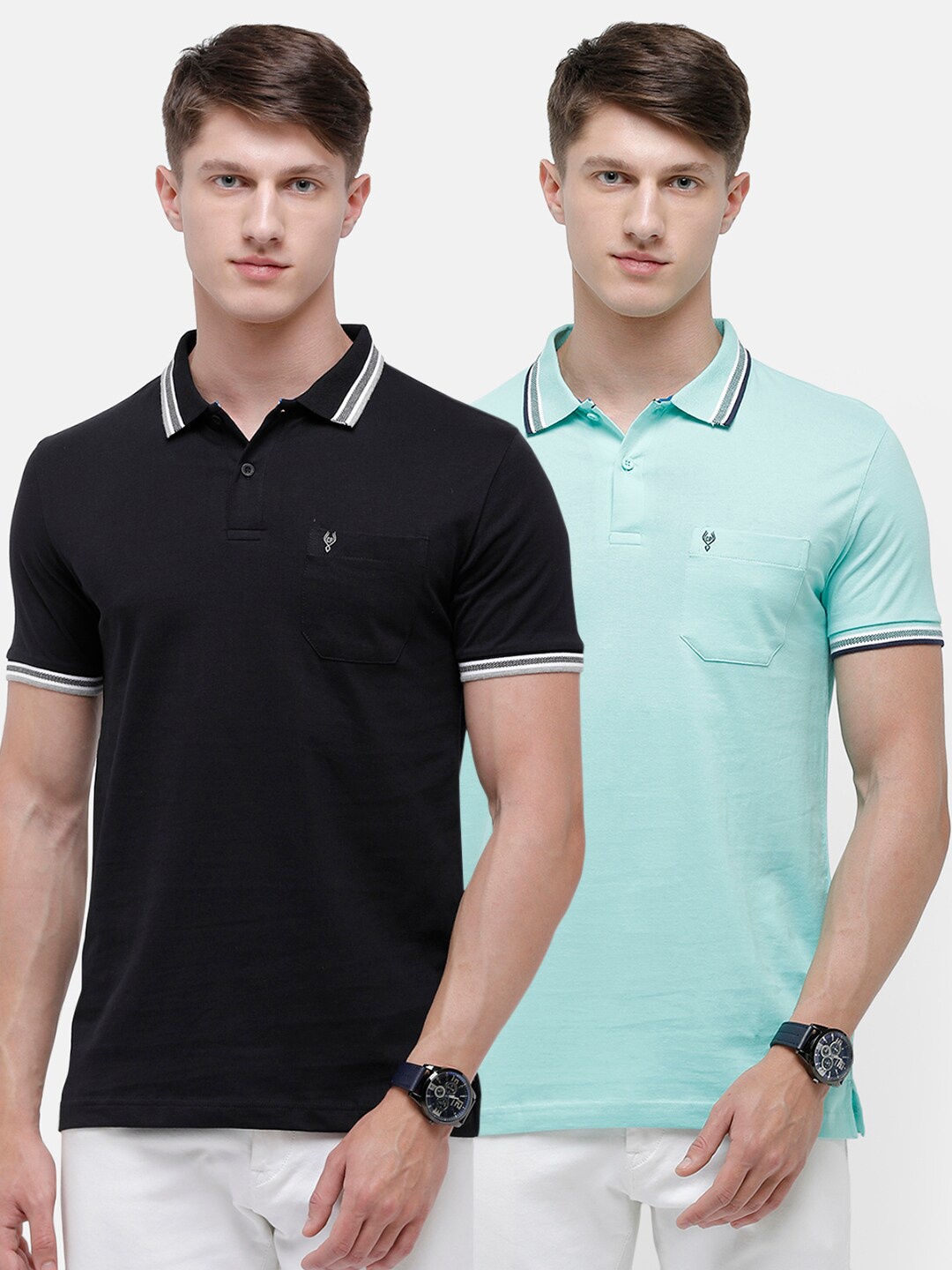 

Classic Polo Men Pack Of 2 Turquoise Blue & Black Pure Cotton Polo Collar Slim Fit T-shirt