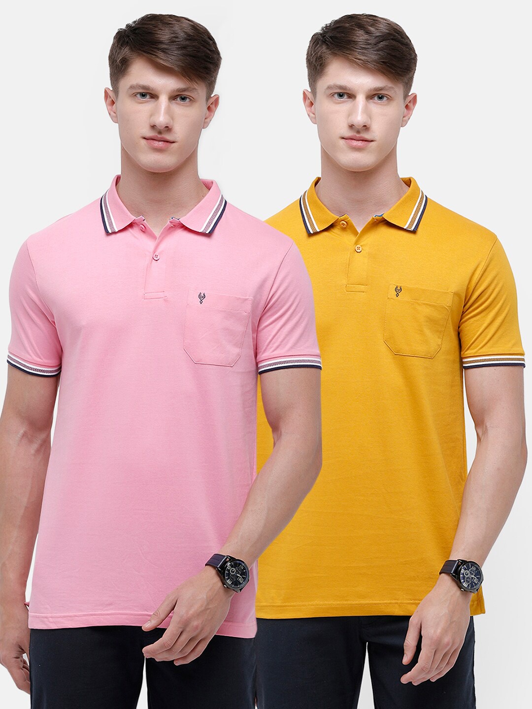 

Classic Polo Men Pink & Yellow 2 Cotton Polo Collar Slim Fit T-shirt