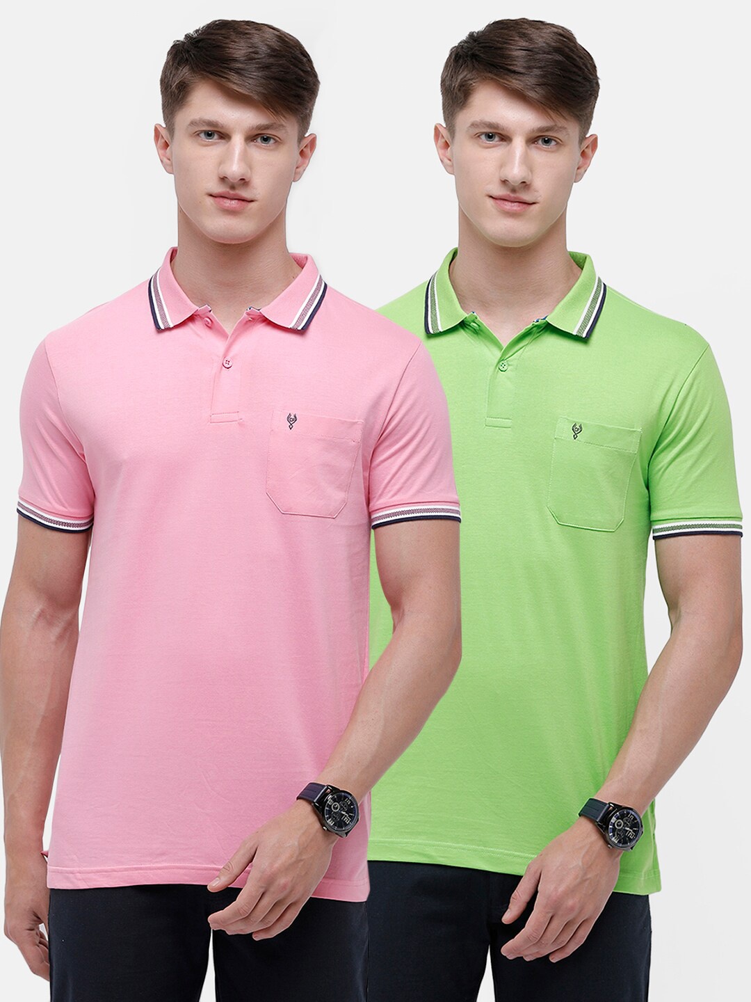 

Classic Polo Men Pack of 2 Green & Pink Polo Collar Slim Fit T-shirts