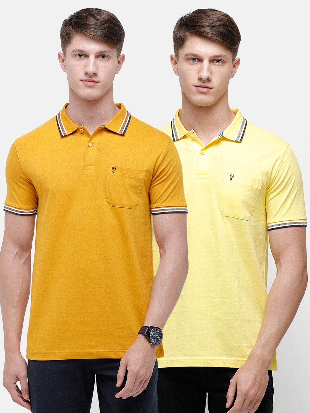 

Classic Polo Men Set of 2 Yellow Polo Collar Pockets Slim Fit Pure Cotton T-shirt