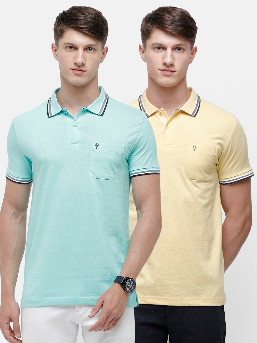 

Classic Polo Men Pack Of 2 Sea Green & Yellow Polo Collar Slim Fit Pure Cotton T-shirt