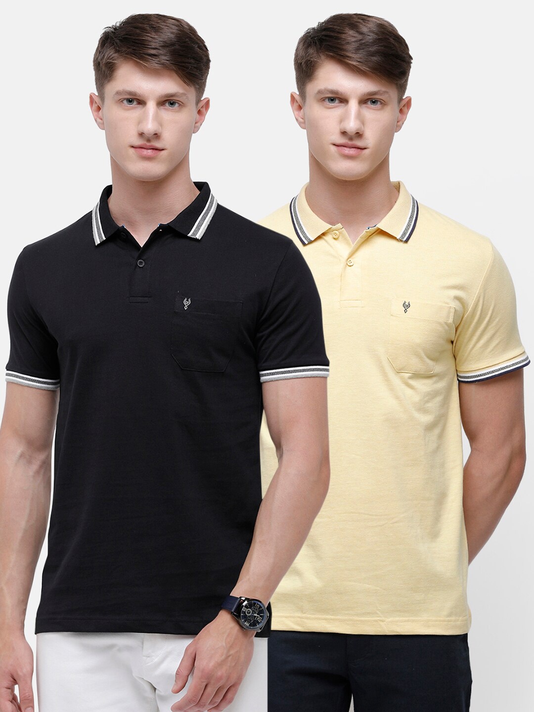 

Classic Polo Men Black & Yellow 2 Cotton Polo Collar Slim Fit T-shirt