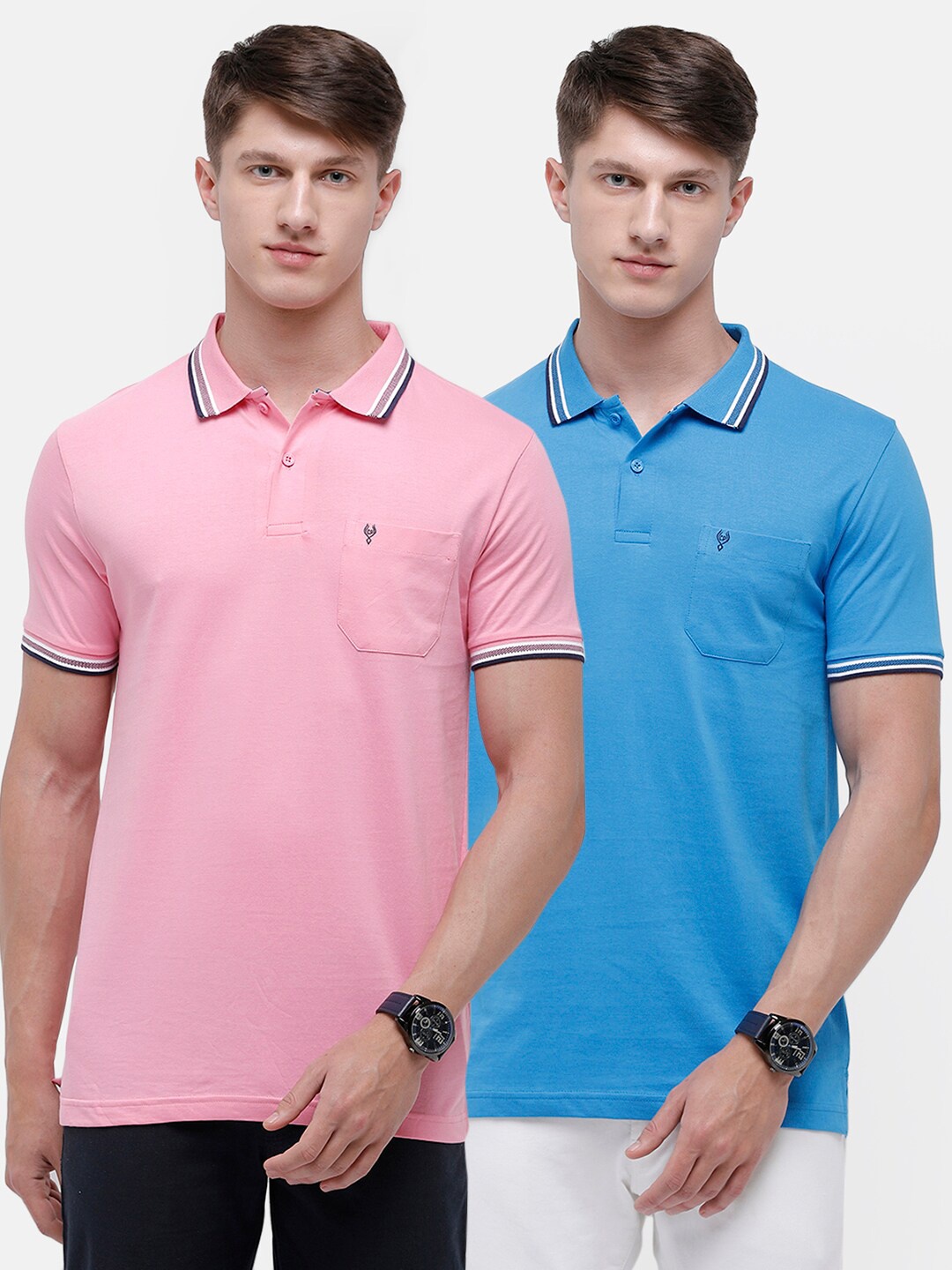 

Classic Polo Men Set of 2 Pink & Blue Polo Collar Pockets Slim Fit Pure Cotton T-shirt