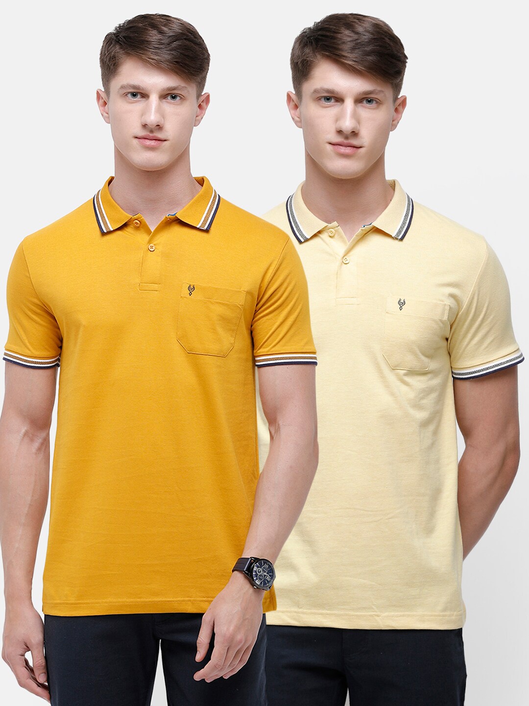 

Classic Polo Men Pack Of 2 Yellow Polo Collar Pockets Slim Fit T-shirt
