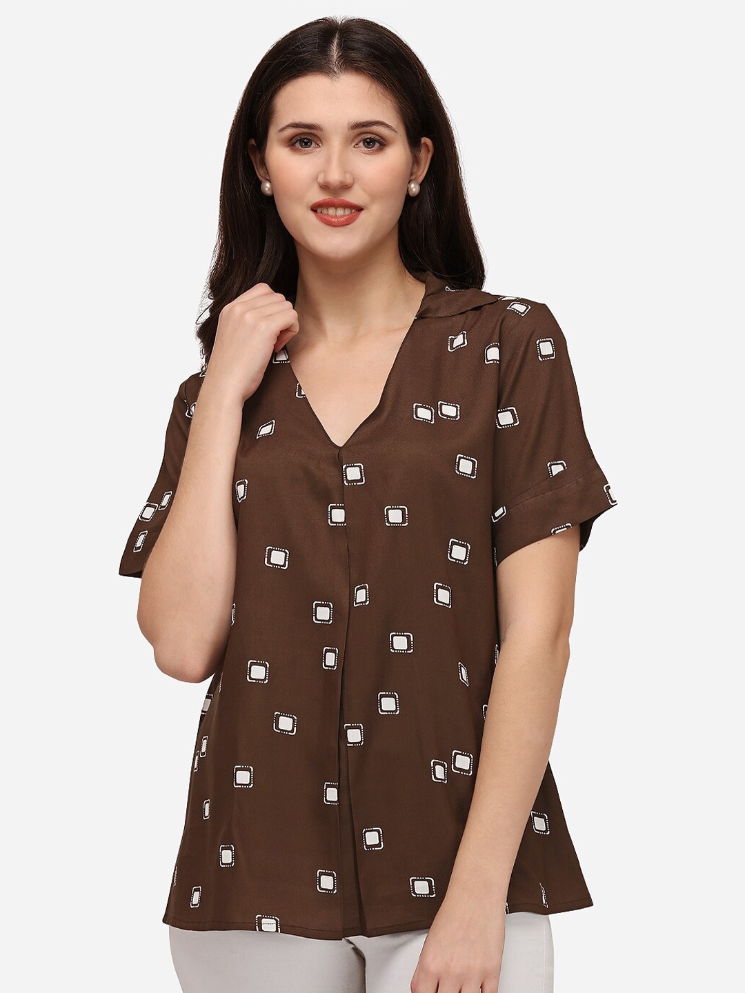 

Smarty Pants Brown & White Geometric Print Box Pleated Pure Cotton A-line Top