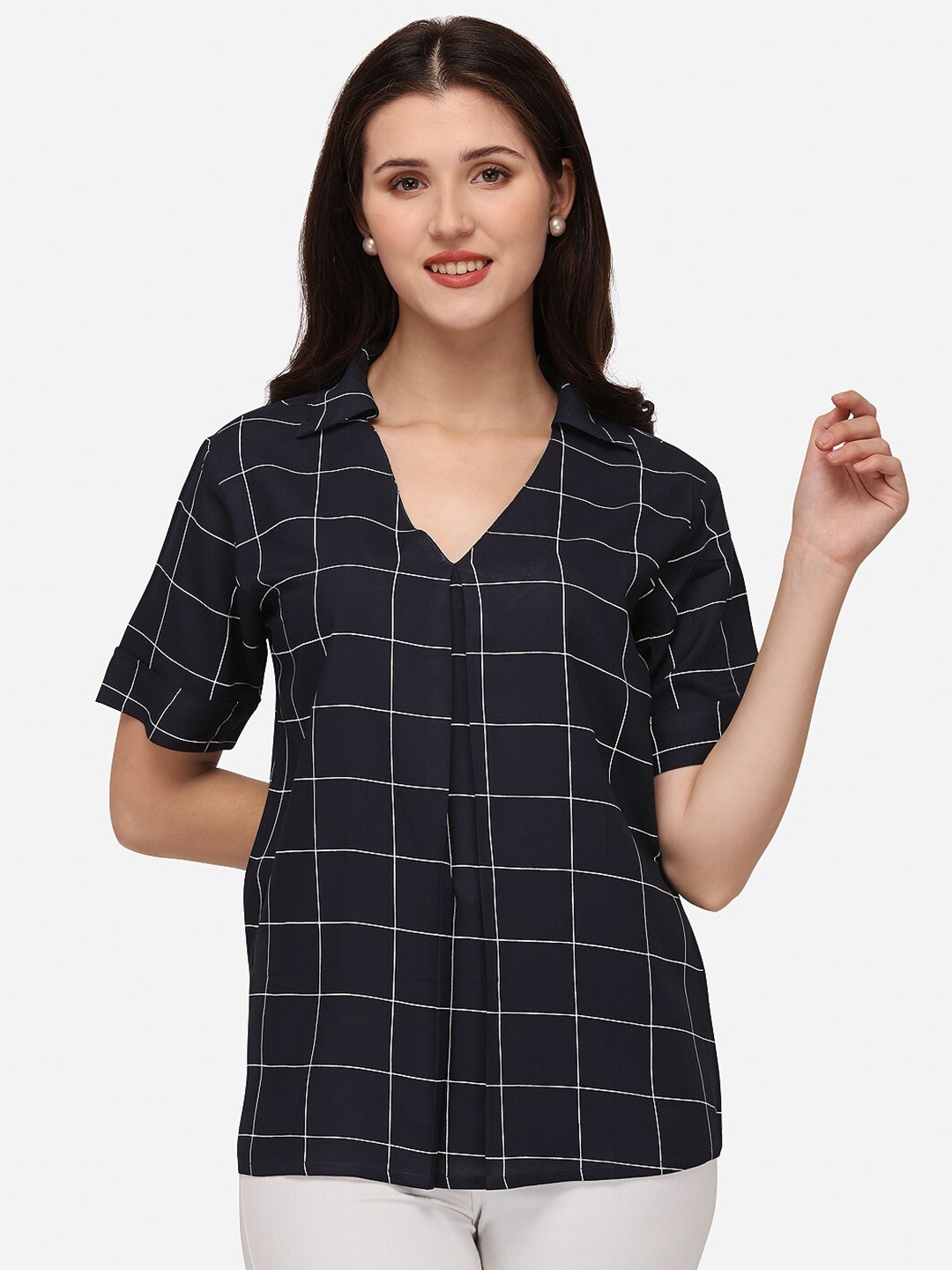 Smarty Pants Navy Blue Checked Pure Cotton Top
