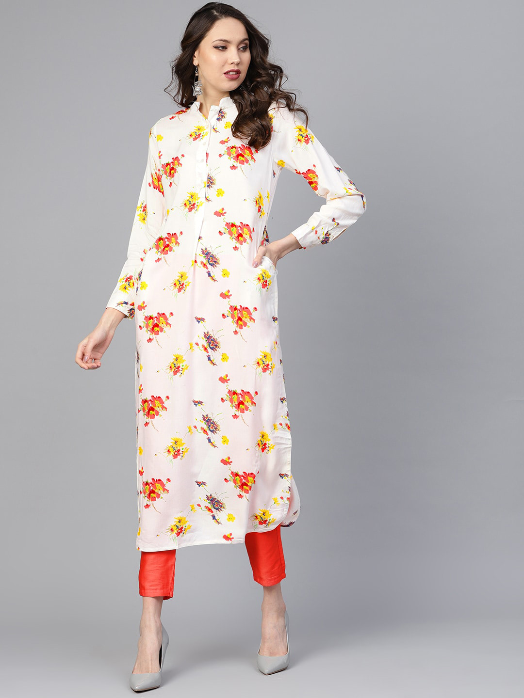 

Indo Era Women Off-White & Orange Floral Screen Printed Straight Kurta