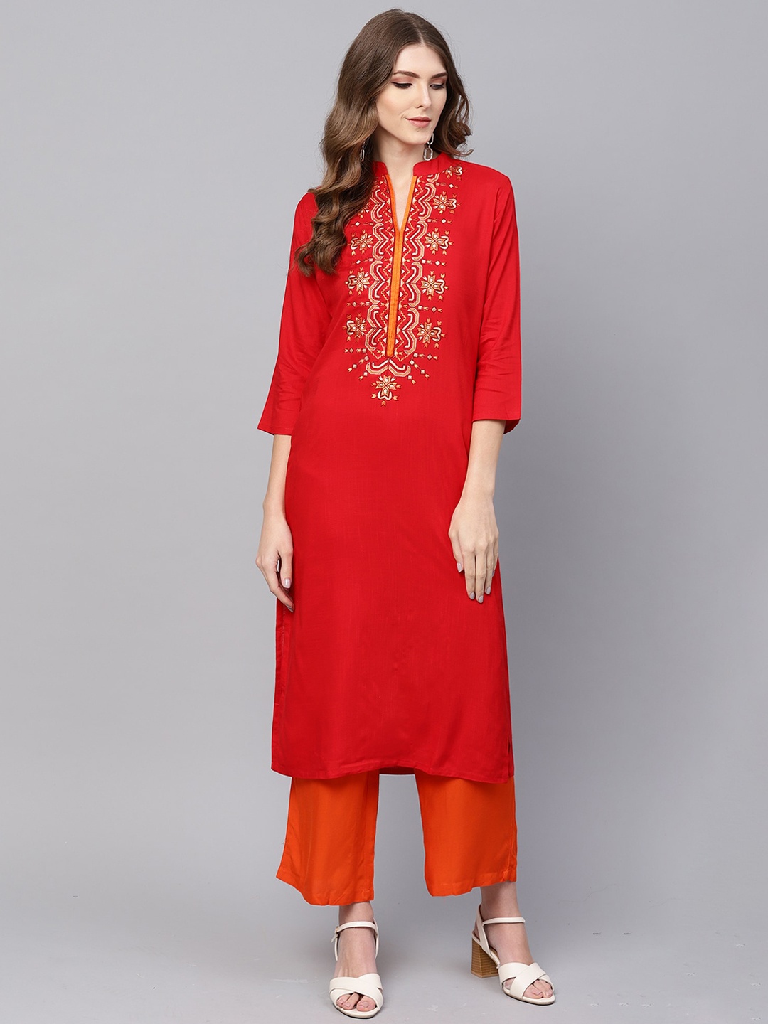 

Indo Era Women Red Yoke Design Thread Work Kurta