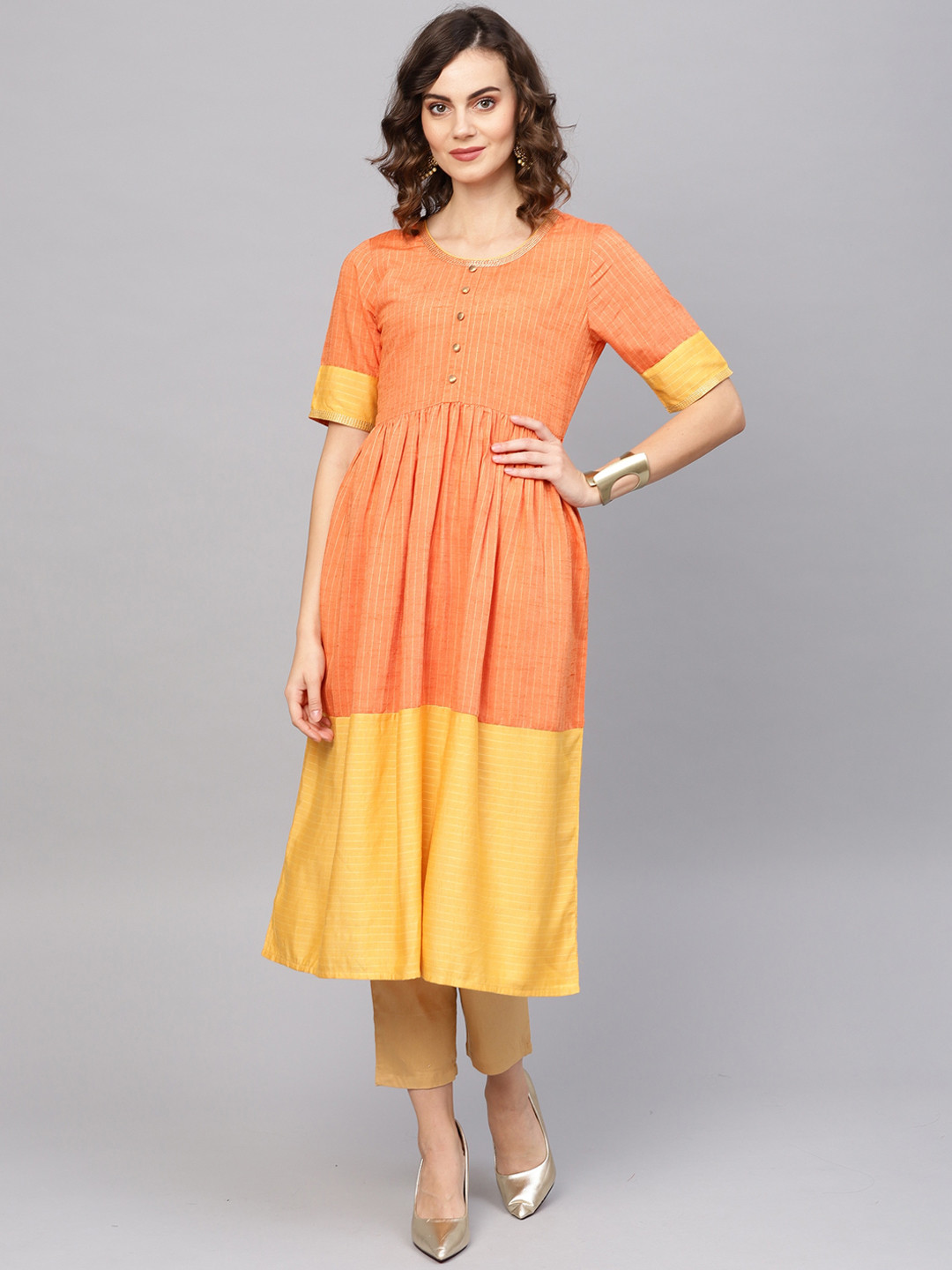

Indo Era Women Orange Striped A-Line Kurta