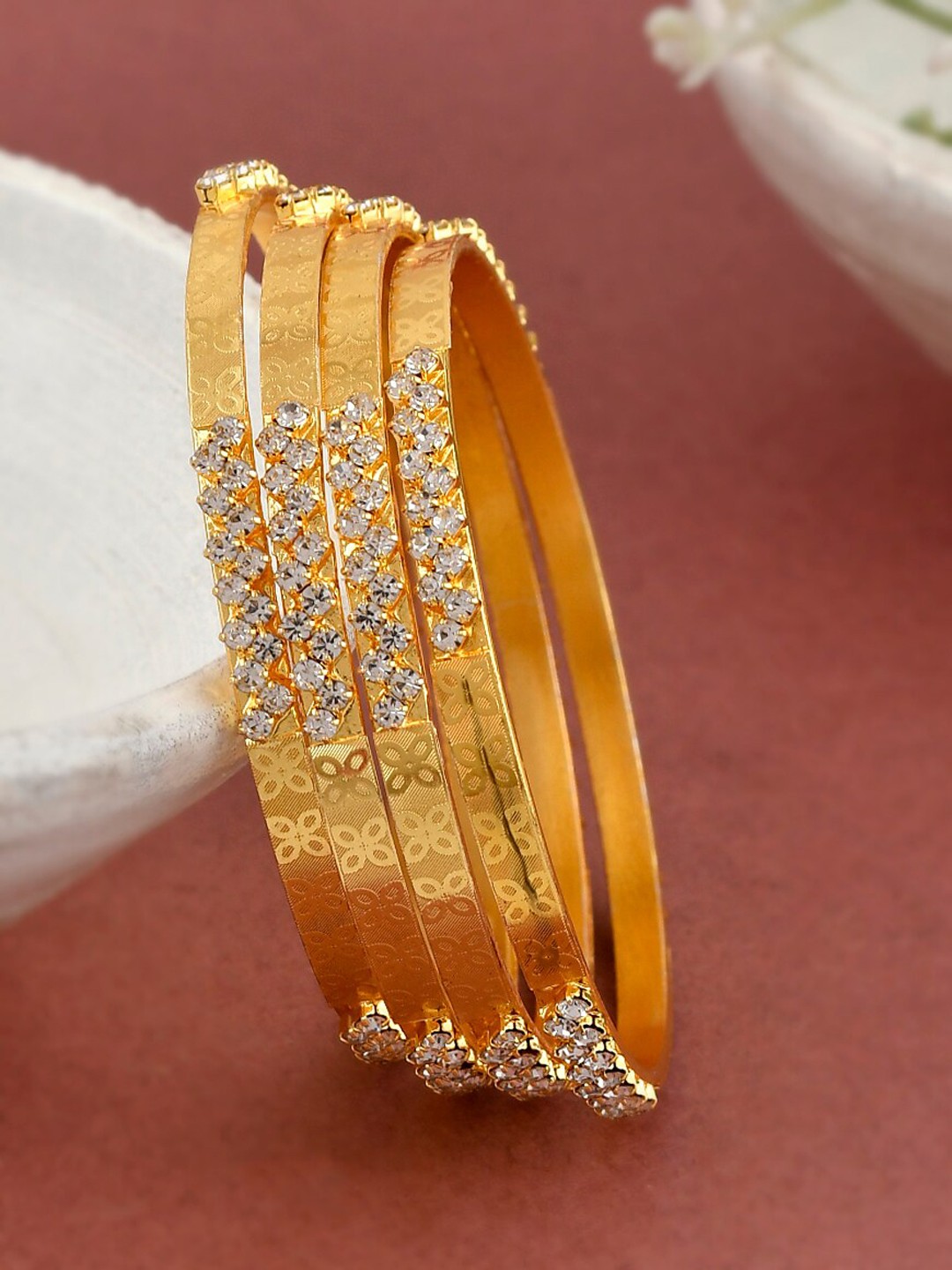 

Shoshaa Set Of 4 Gold-Plated White Stone-Studded Bangles