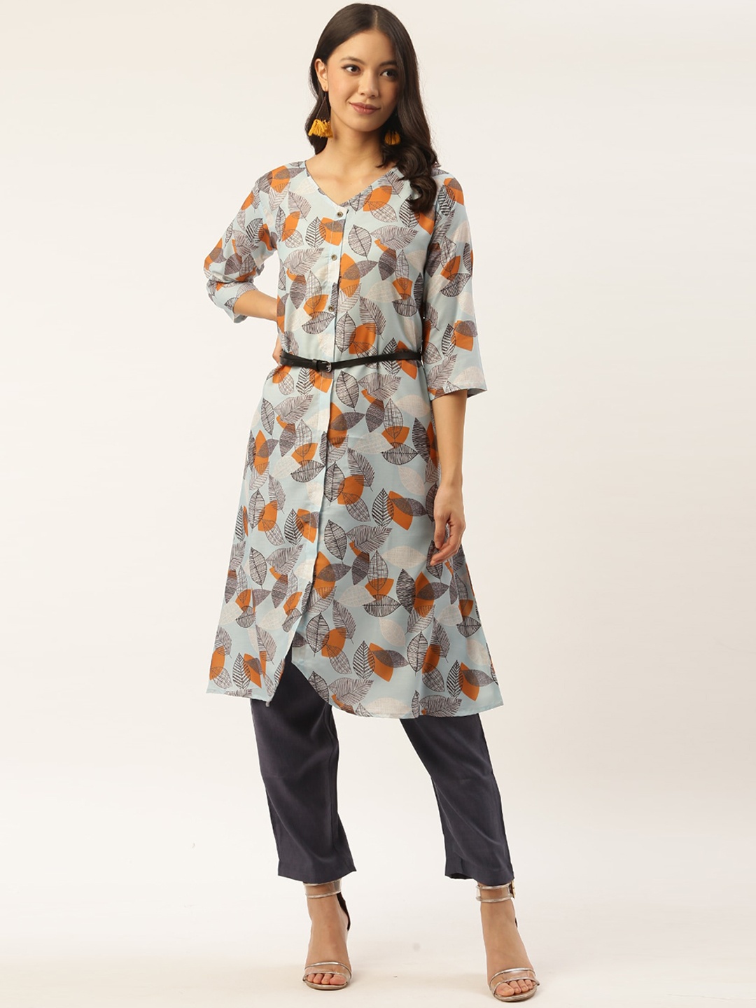 

Sangria Women Blue & Yellow Floral Printed Kurta