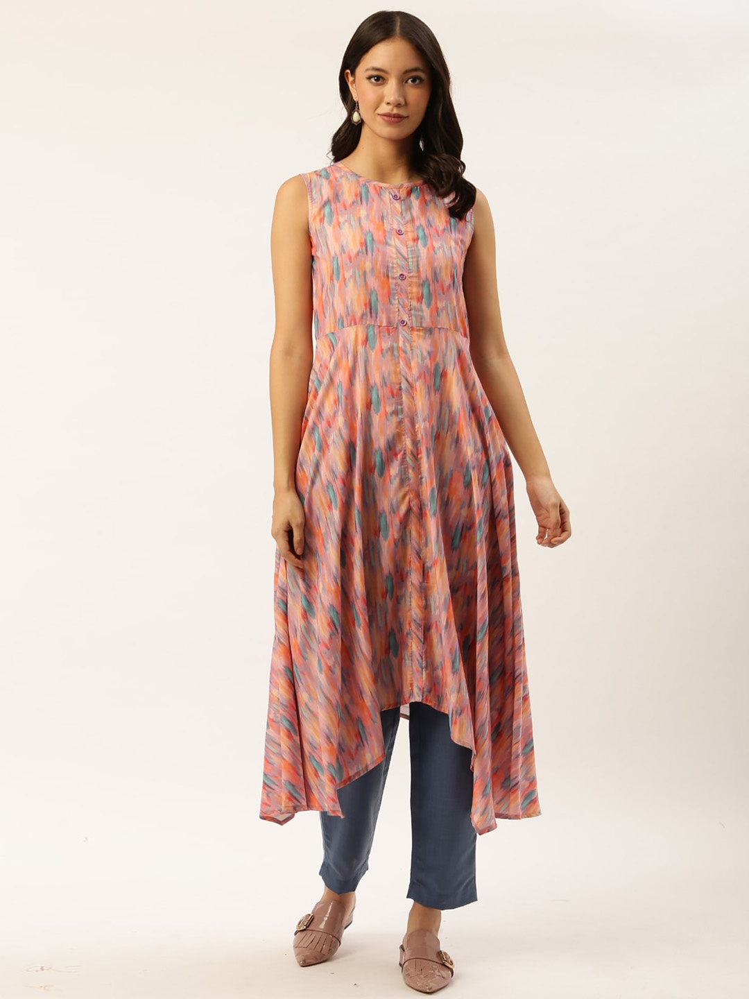 

Sangria Women Pink & Green Ikat Printed A-line Kurta