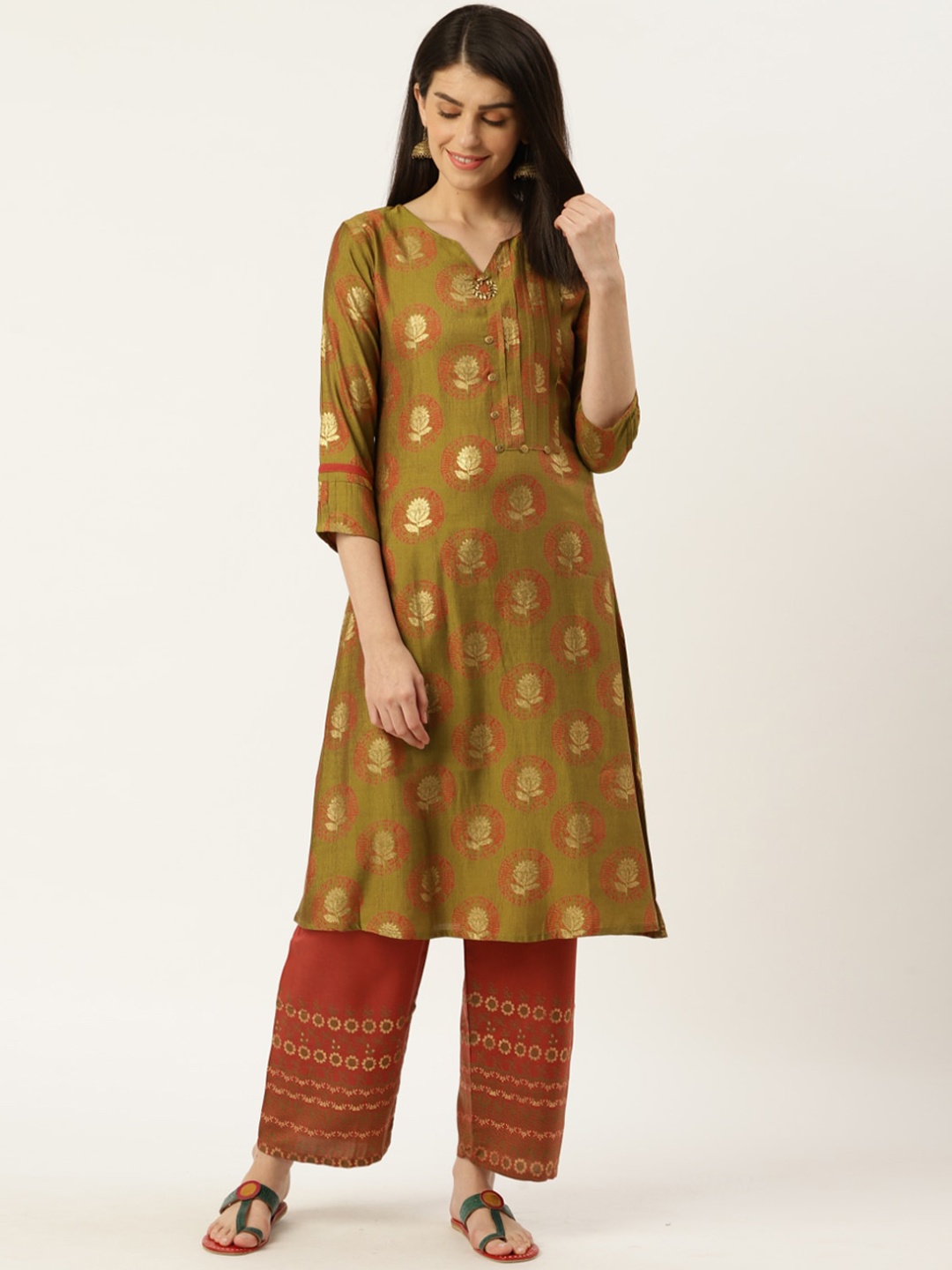 

Sangria Women Olive Green Ethnic Motifs Printed Kurta