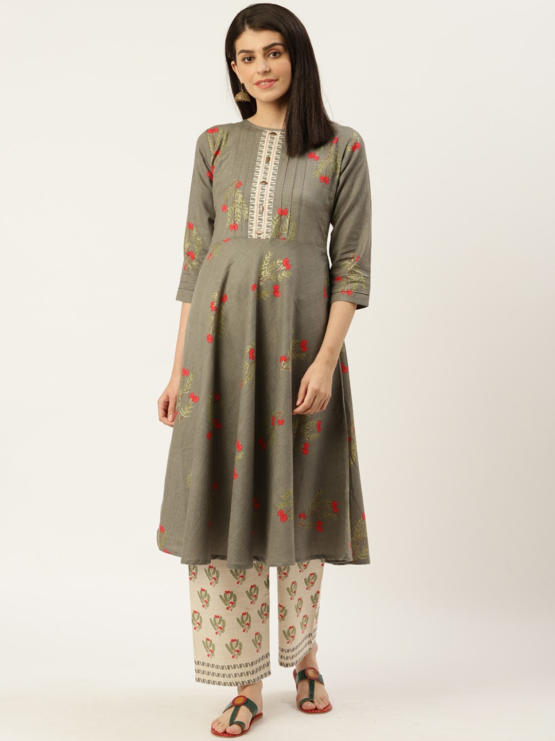 

Sangria Women Grey Striped Thread Work Kurta