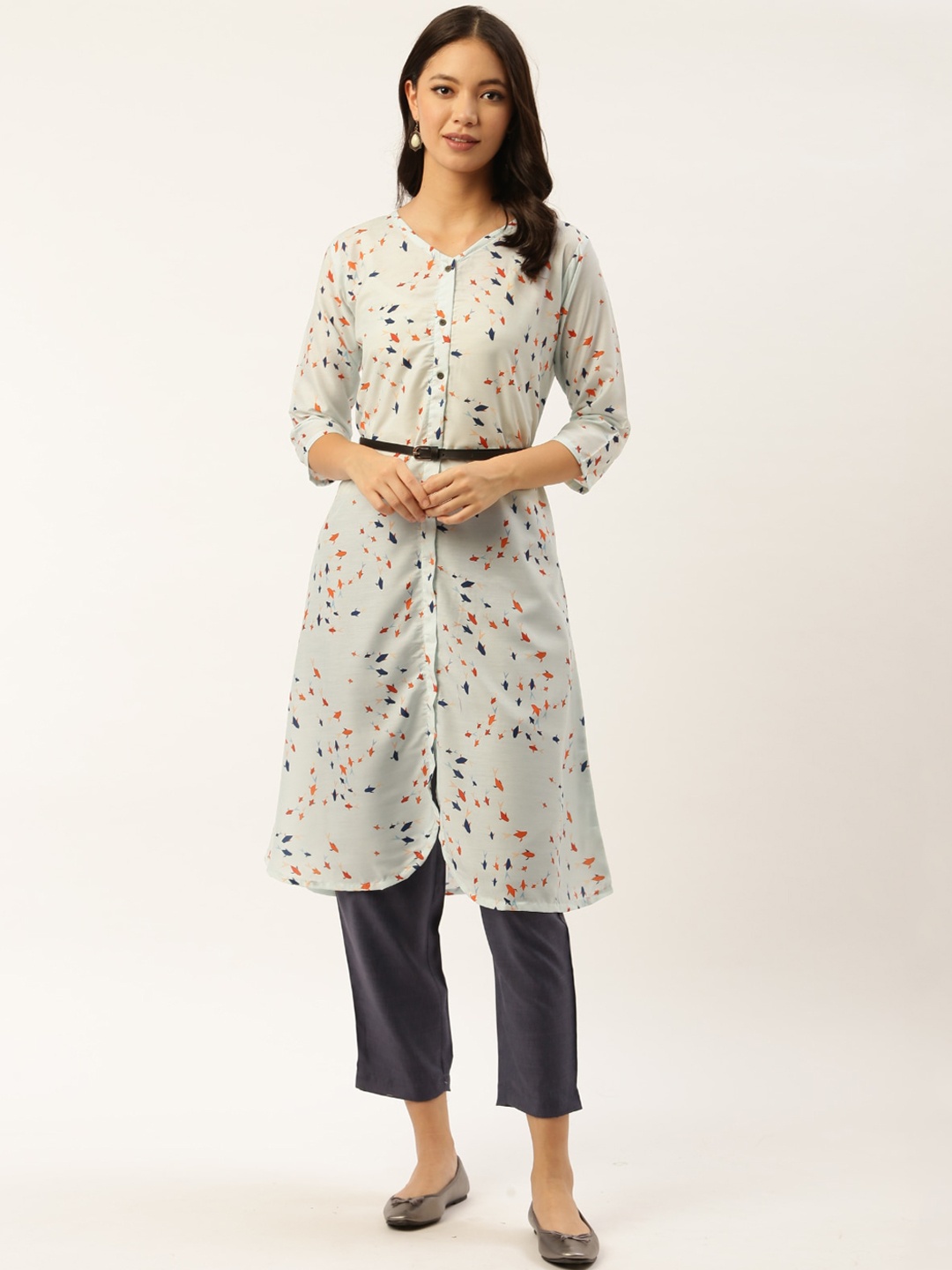 

Sangria Women Blue & Orange Geometric Printed A-line Kurta