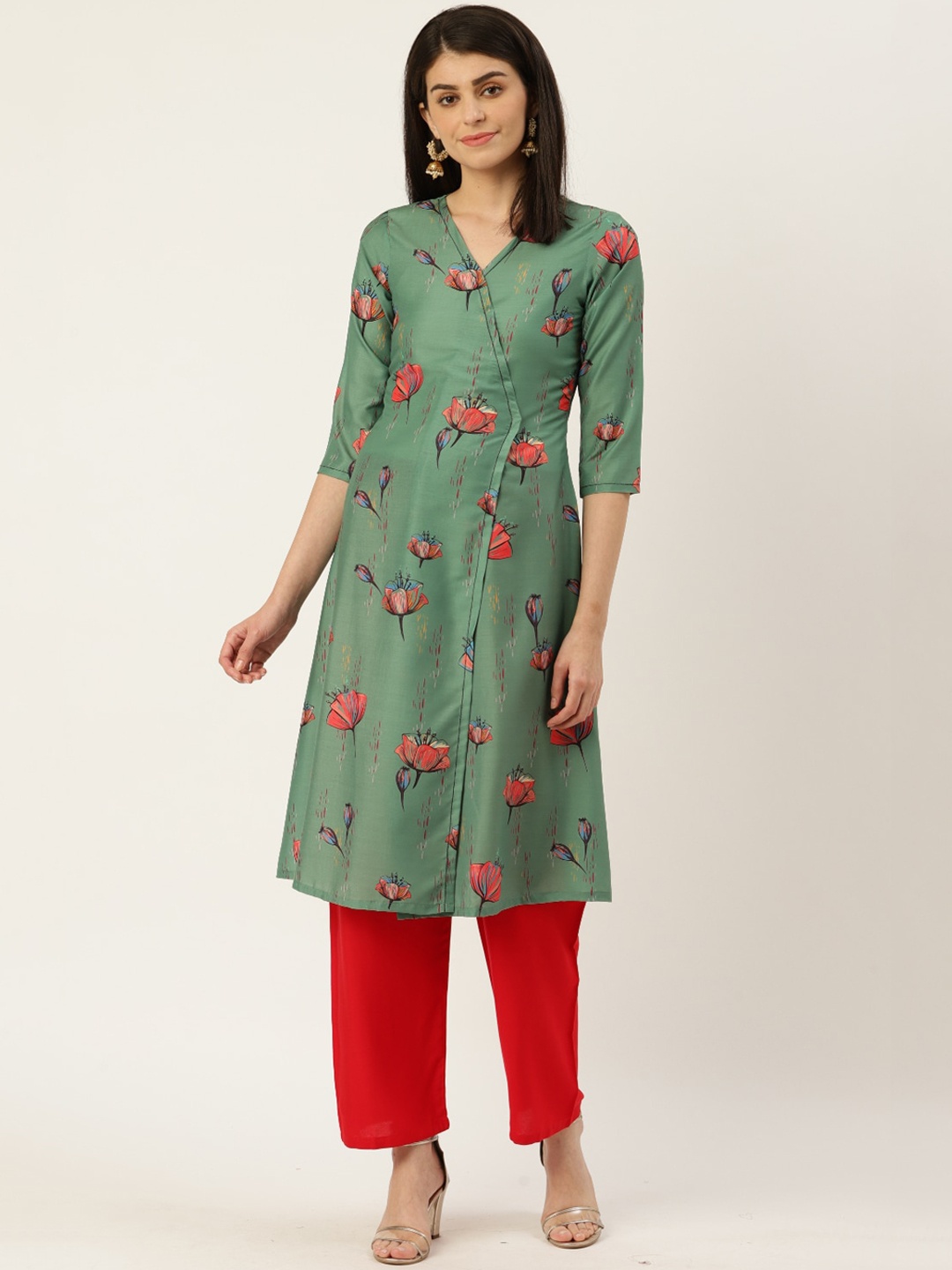

Sangria Women Green & Red Floral Printed Kurta