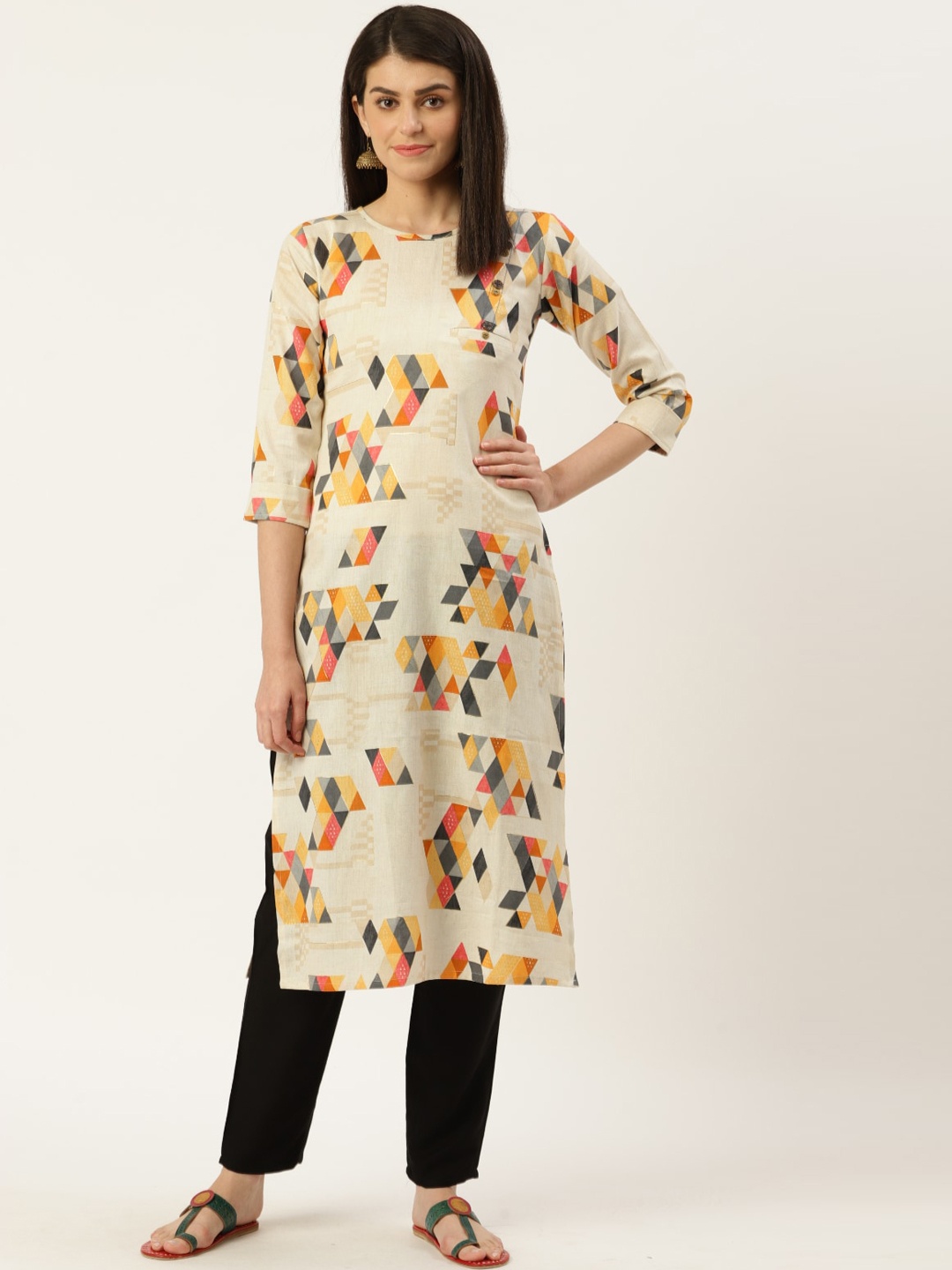 

Sangria Women Off White & Yellow Geometric Printed Kurta