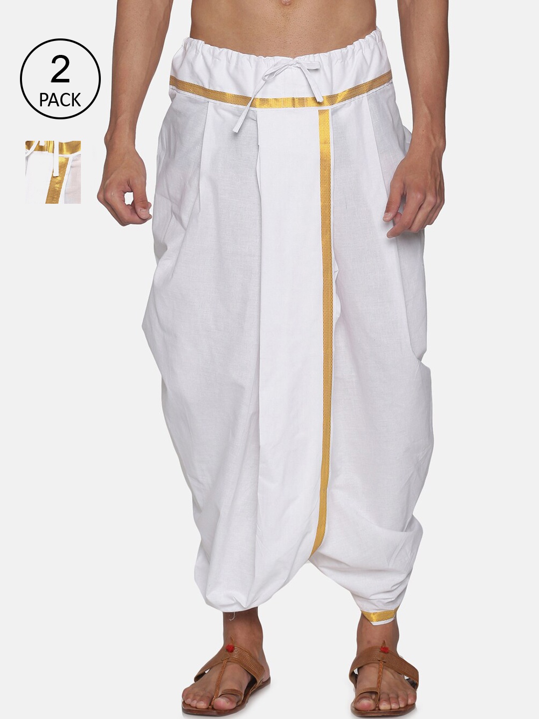 

Sethukrishna Men Pack Of 2 White Solid Cotton Readymade Dhoti Pants