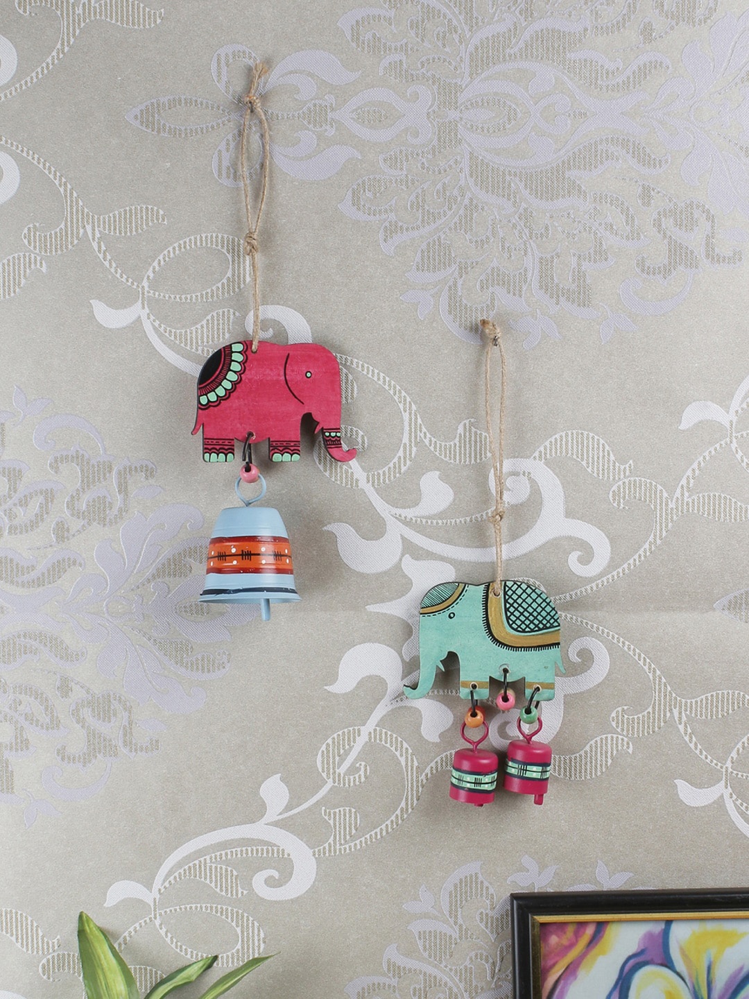 

VarEesha Set Of 2 Pink & Blue Wood Tinkle Bells Elephant Bells Wind Chimes Wall Decorative