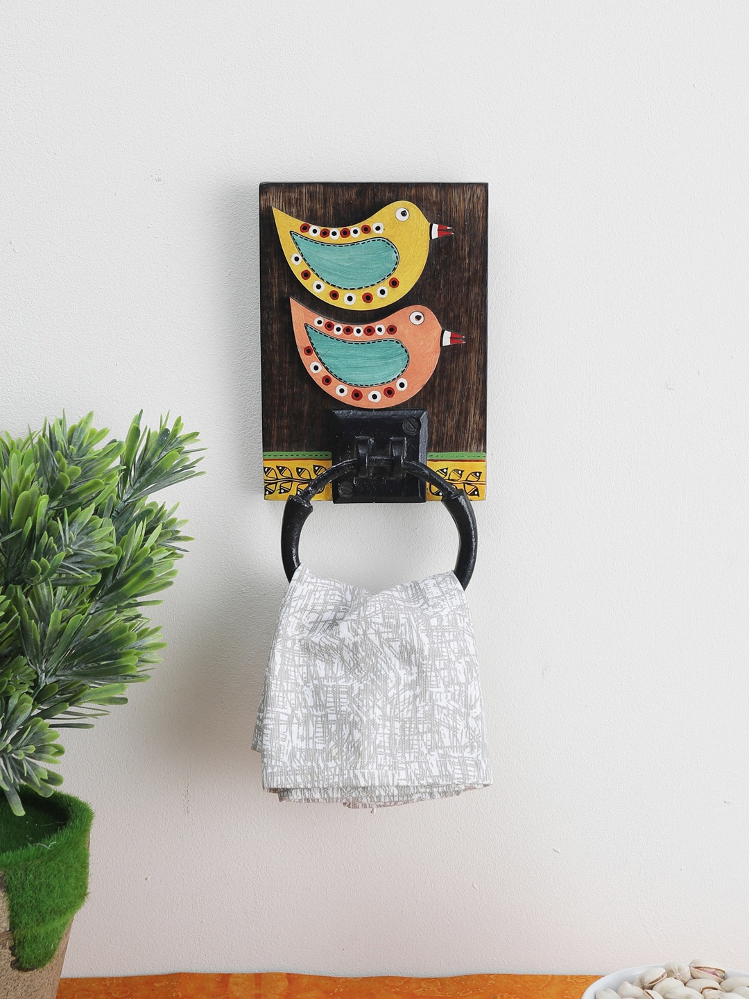 

VarEesha Brown & Yellow Birds Painted Wall Mounting Napkin Holder