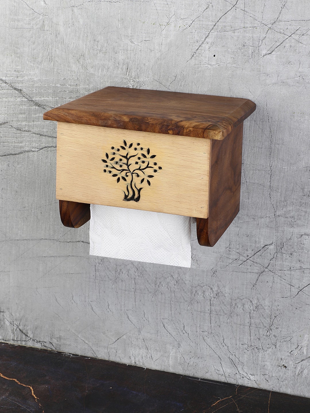 

VarEesha Tree of Life Sheesham & Beech Wood Wall Mounting Tissue Roll Holder, Brown