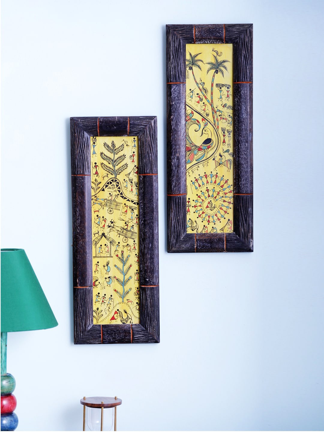 

VarEesha Set Of 2 Yellow & Brown Wood Warli Wall Hanging