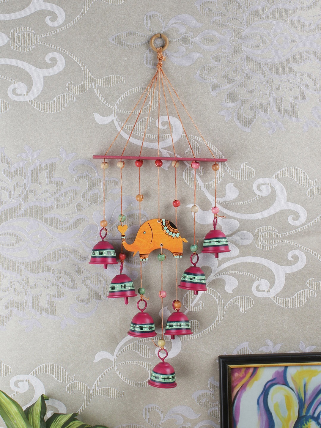 

VarEesha Multicoloured Handcrafted & Hand-Painted Elephant & Bell Windchime, Multi
