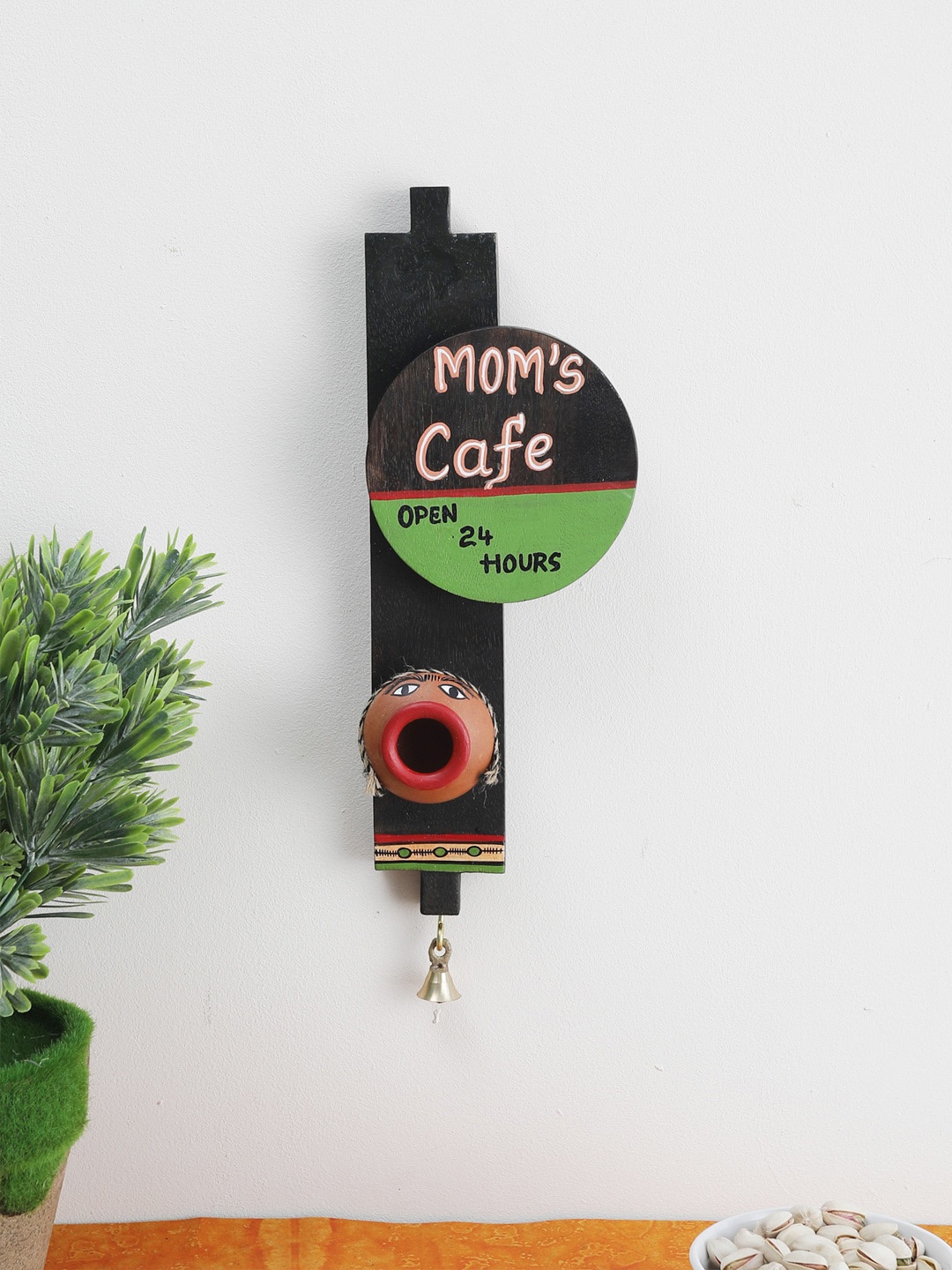 

VarEesha Black & Green Hand Painted Terracotta Face Mom's Cafe Wall Hanging