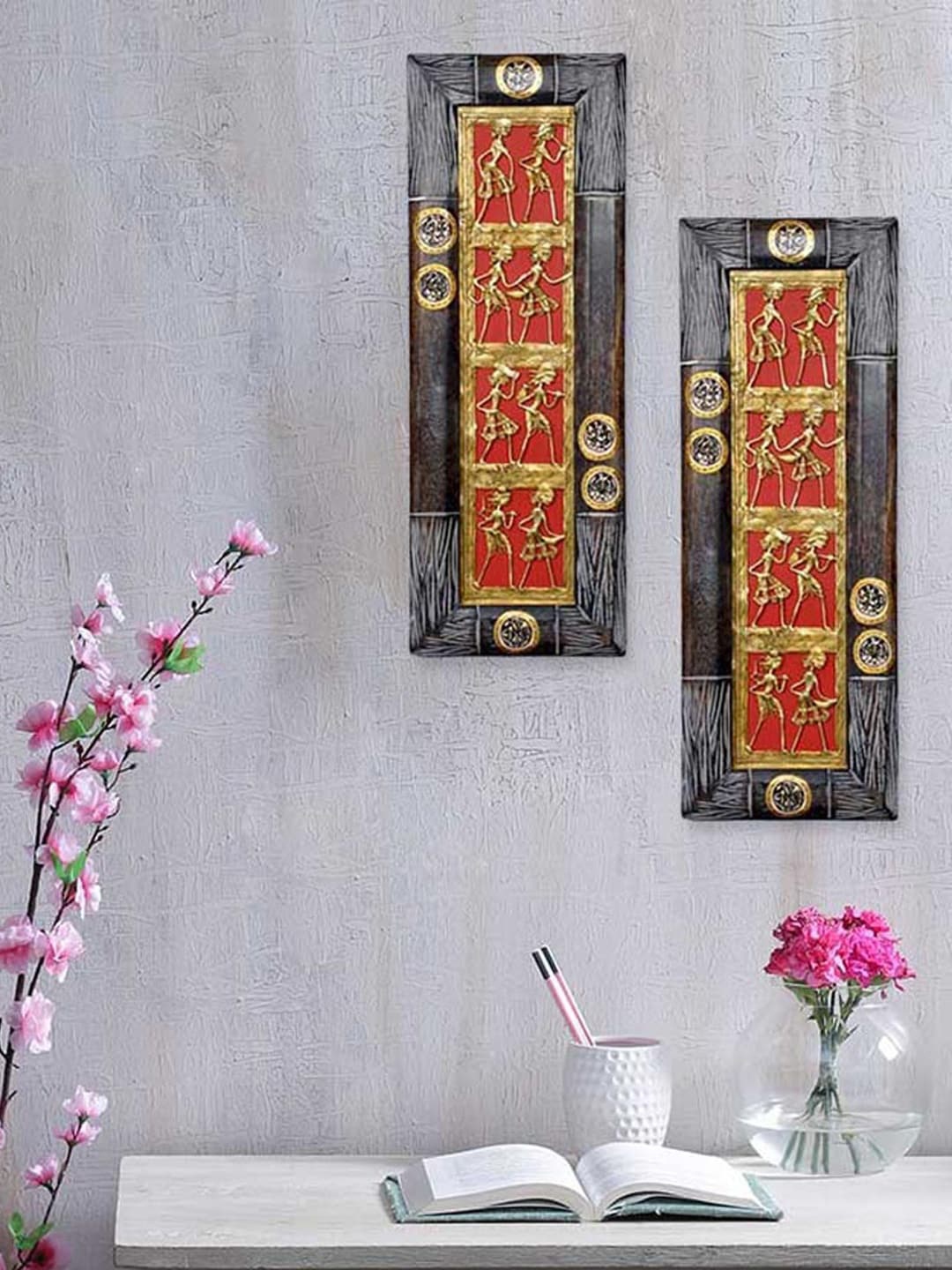 

VarEesha Set Of 2 Mango Wood Dhokra Wall Hanging with Brass Work, Multi
