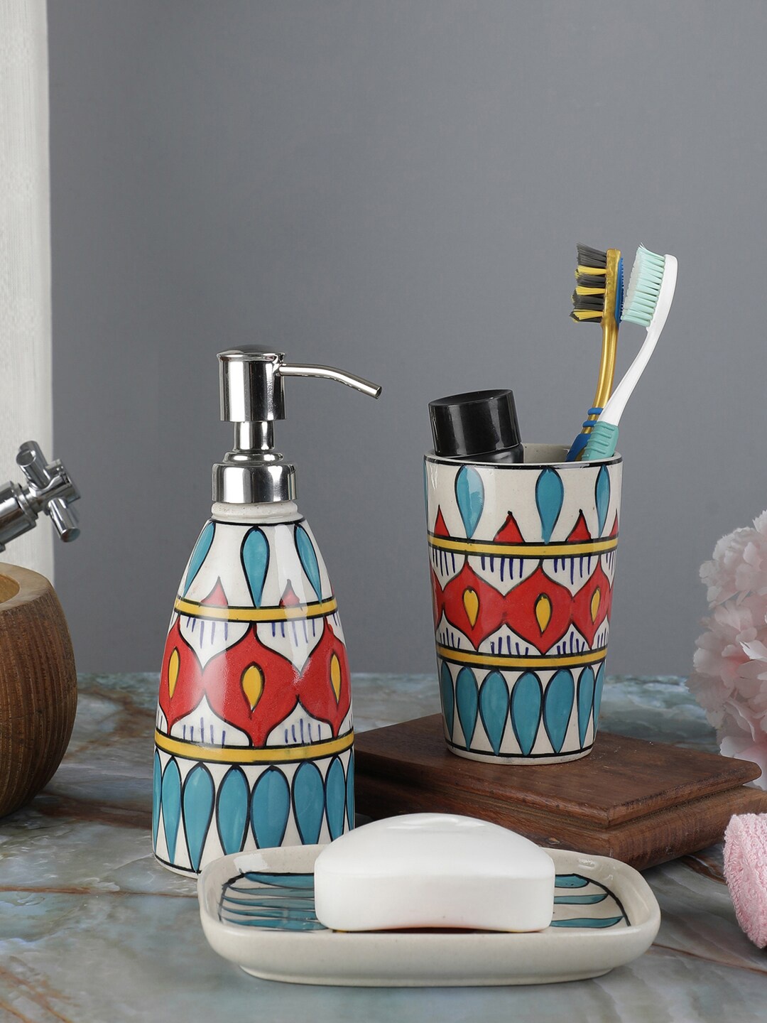 

VarEesha Set Of 3 White & Red Ethic Motif Patterned Ceramic Bathroom Accessories