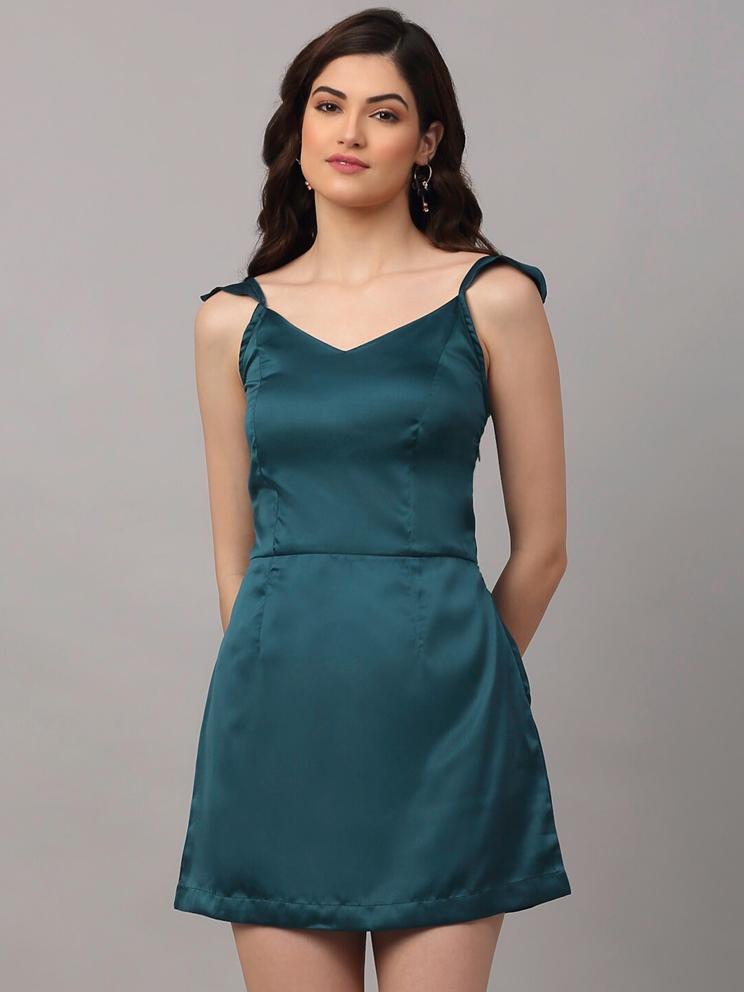 

NEUDIS Green Satin A-Line Mini Dress