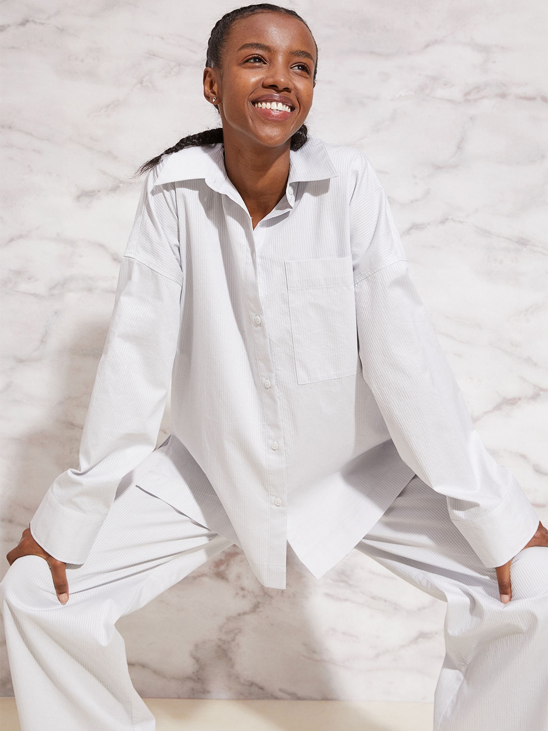 

H&M Women Grey Ribbed Pyjama Shirt