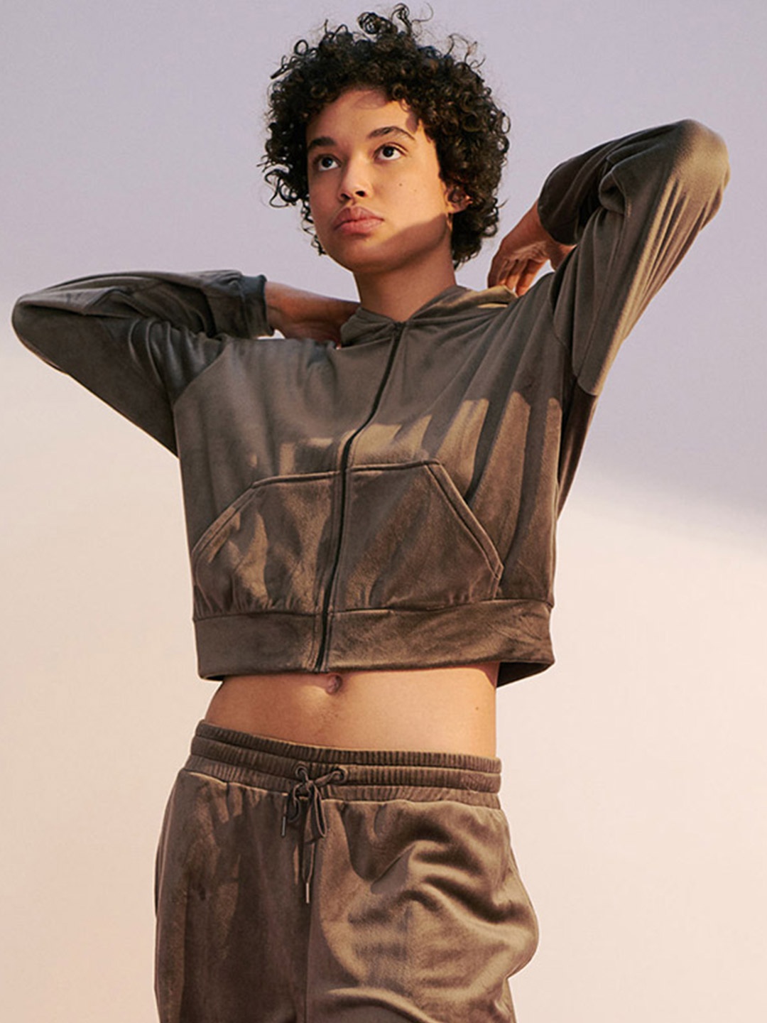 

H&M Women Grey & Brown Velour Zip-Through Hoodie