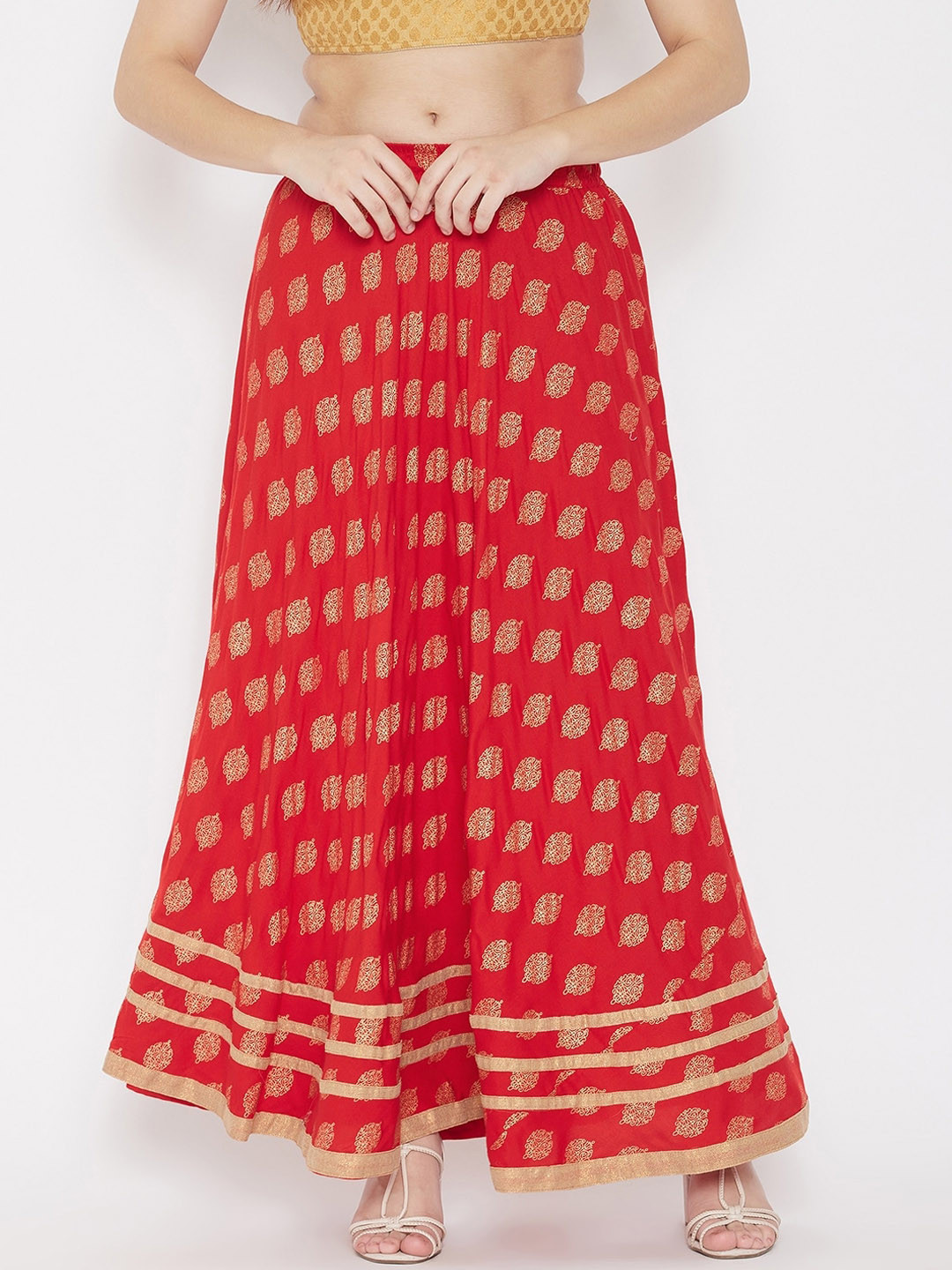 

TULIP 21 Women Red & Gold-Toned Printed Flared Maxi Skirt