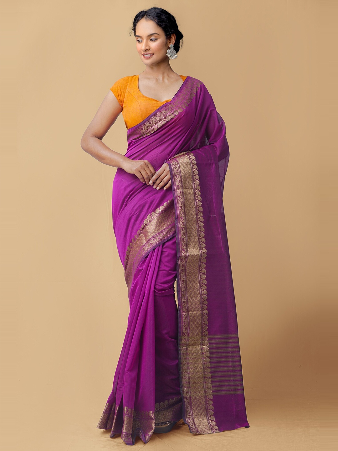 

Unnati Silks Purple & Gold-Toned Silk Blend Baluchari Saree