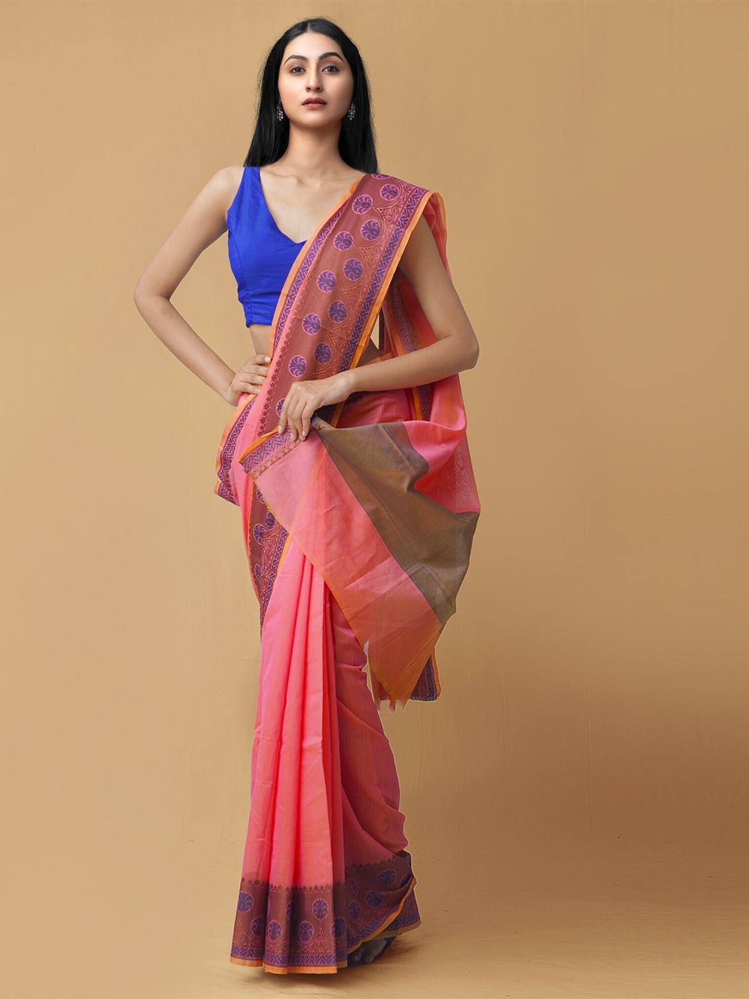 

Unnati Silks Pink & Blue Woven Design Silk Blend Baluchari Saree