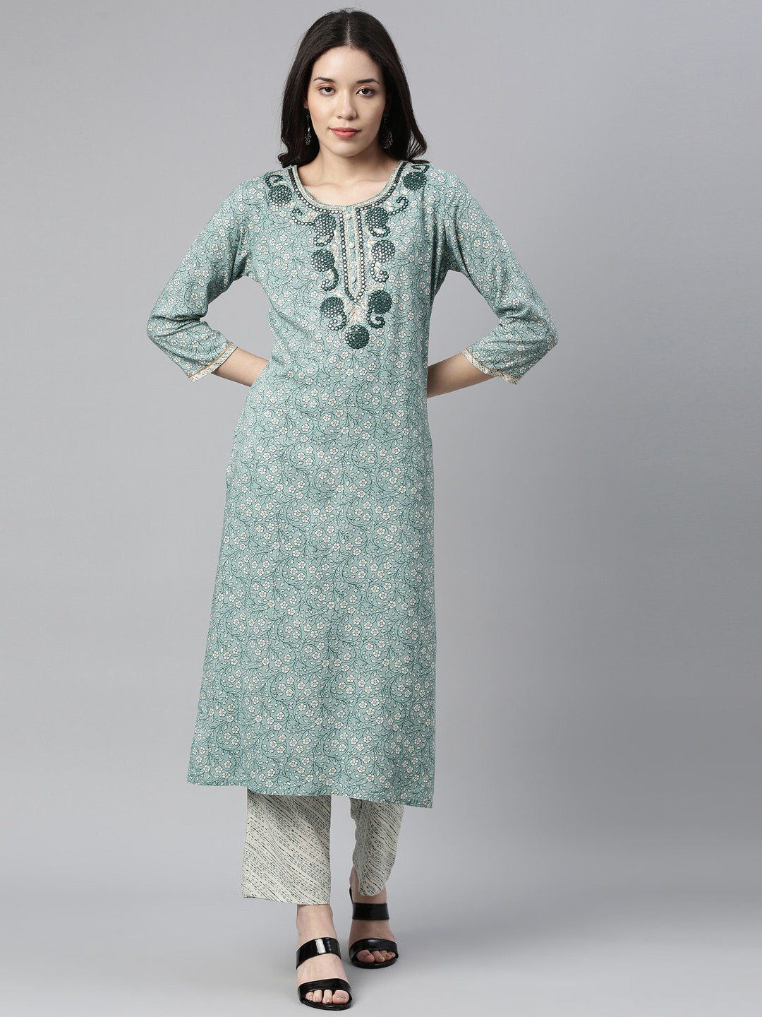 

Neerus Women Green Floral Printed Mirror Work Kurta with Palazzos