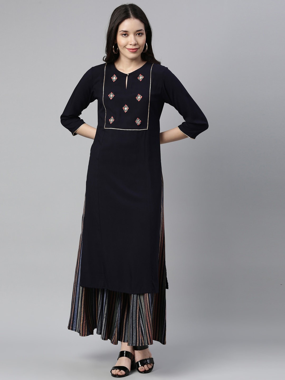 

Neerus Women Navy Blue Embroidered Aari Work Kurta with Sharara