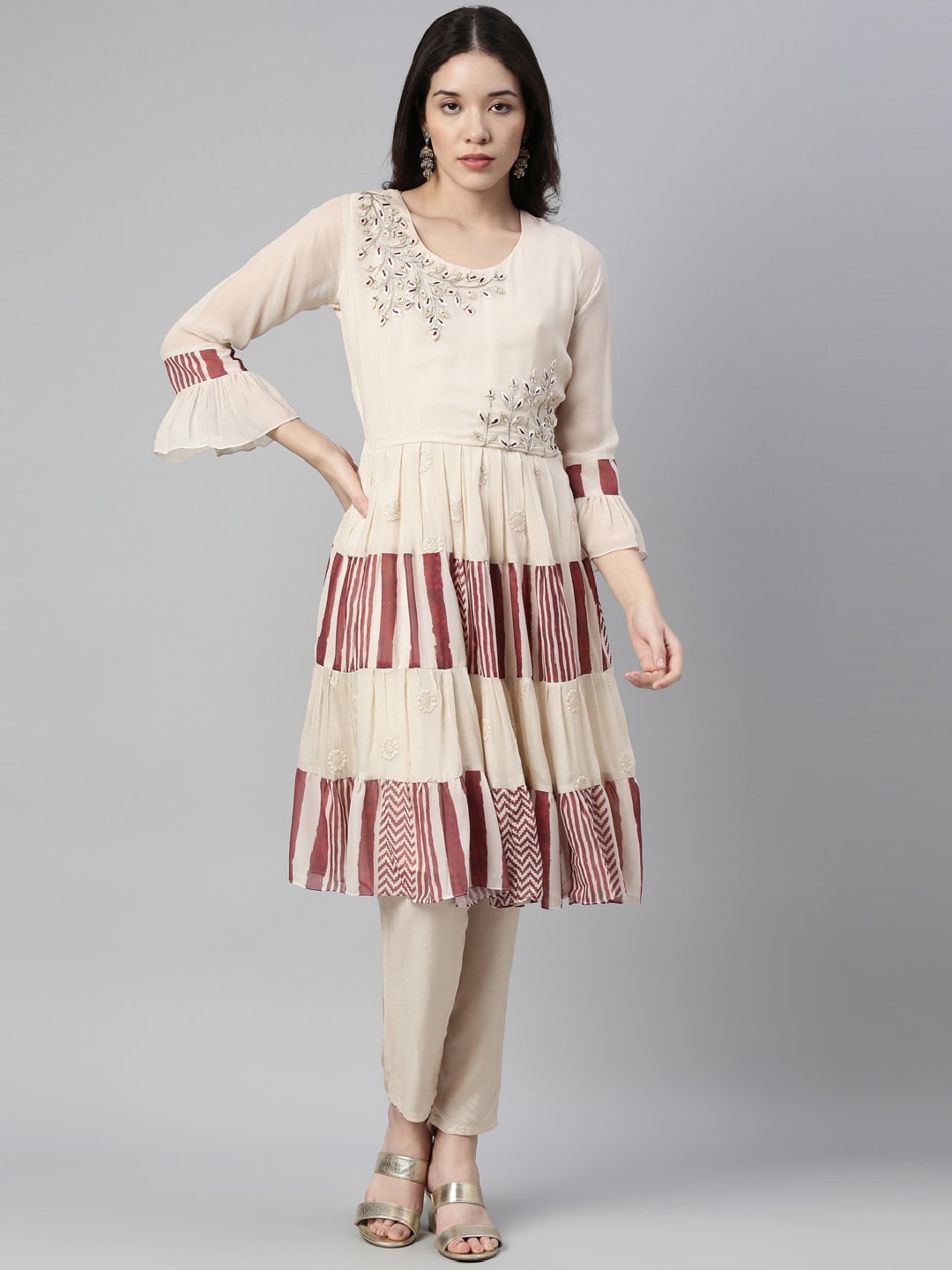 

Neerus Women Cream-Coloured Floral Embroidered Tiered Zardozi Kurta with Trousers