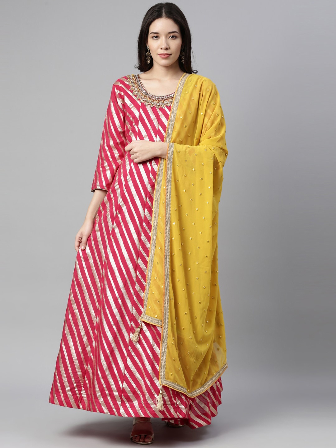 

Neerus Women Pink & Yellow Leheriya Printed Zardozi Kurta with Leggings & Dupatta