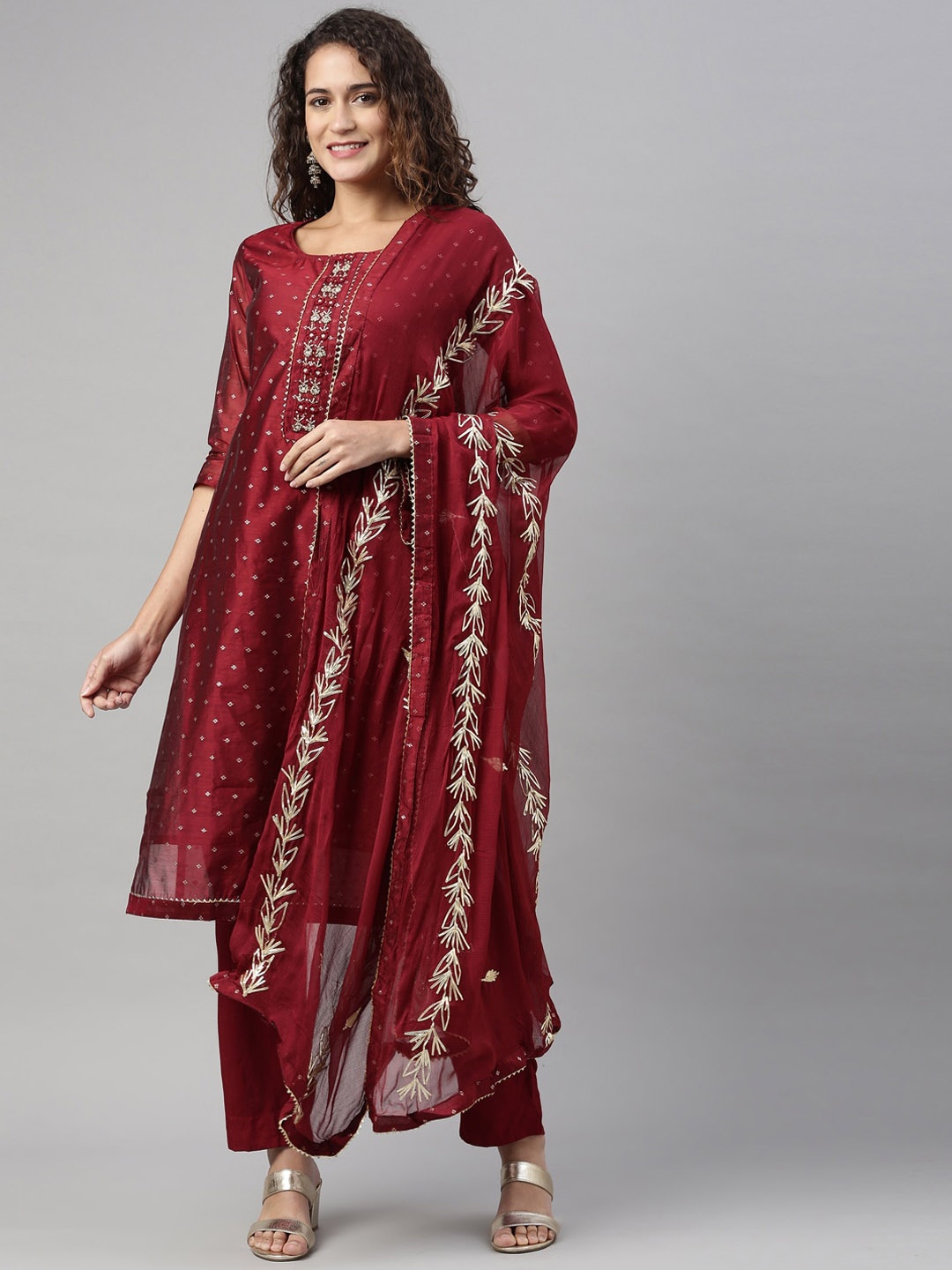 

Neerus Women Maroon & Gold-Coloured Chanderi Cotton Kurta with Trousers & Dupatta