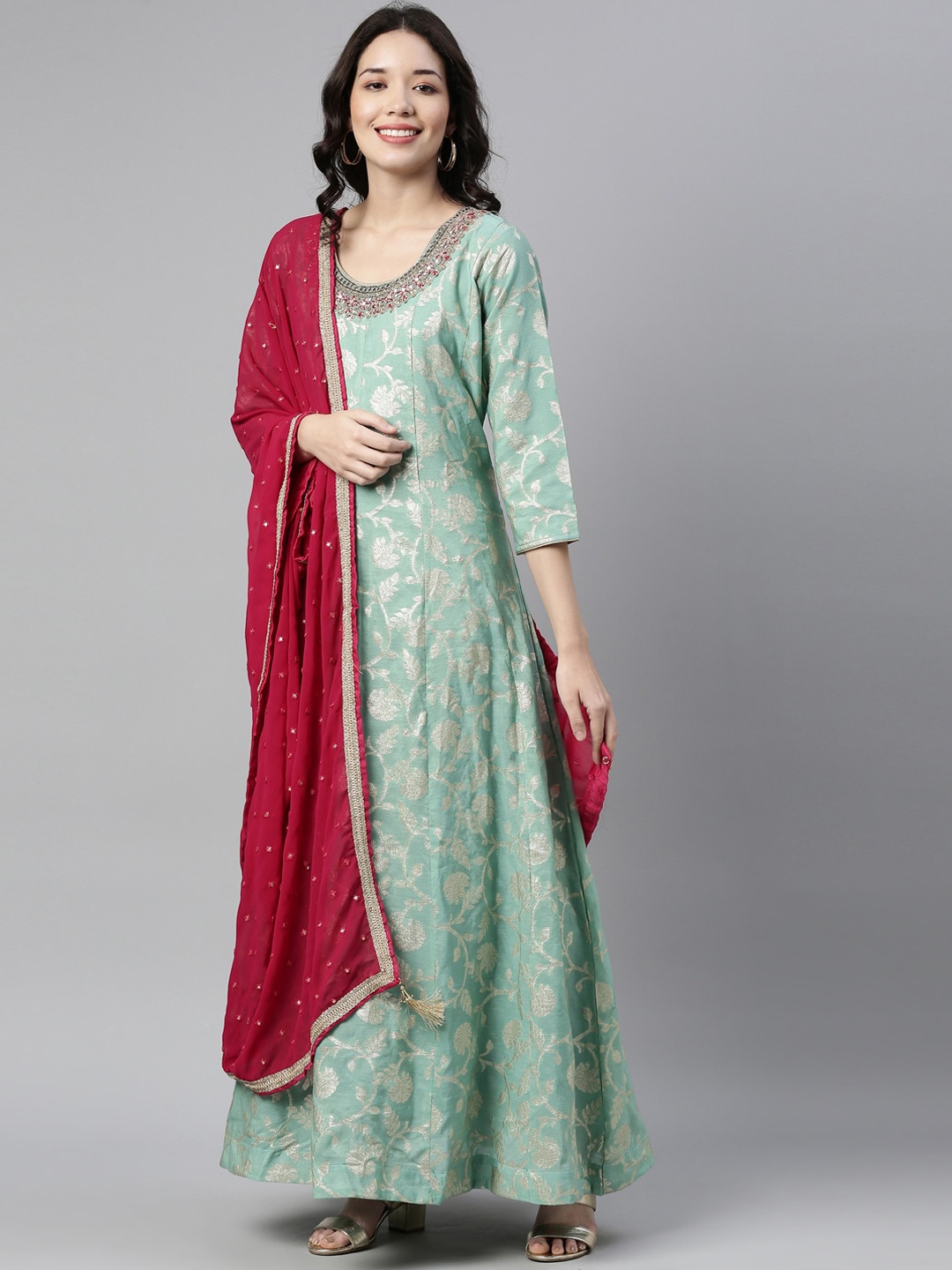 

Neerus Women Green & Red Zardozi Kurta with Trousers & With Dupatta