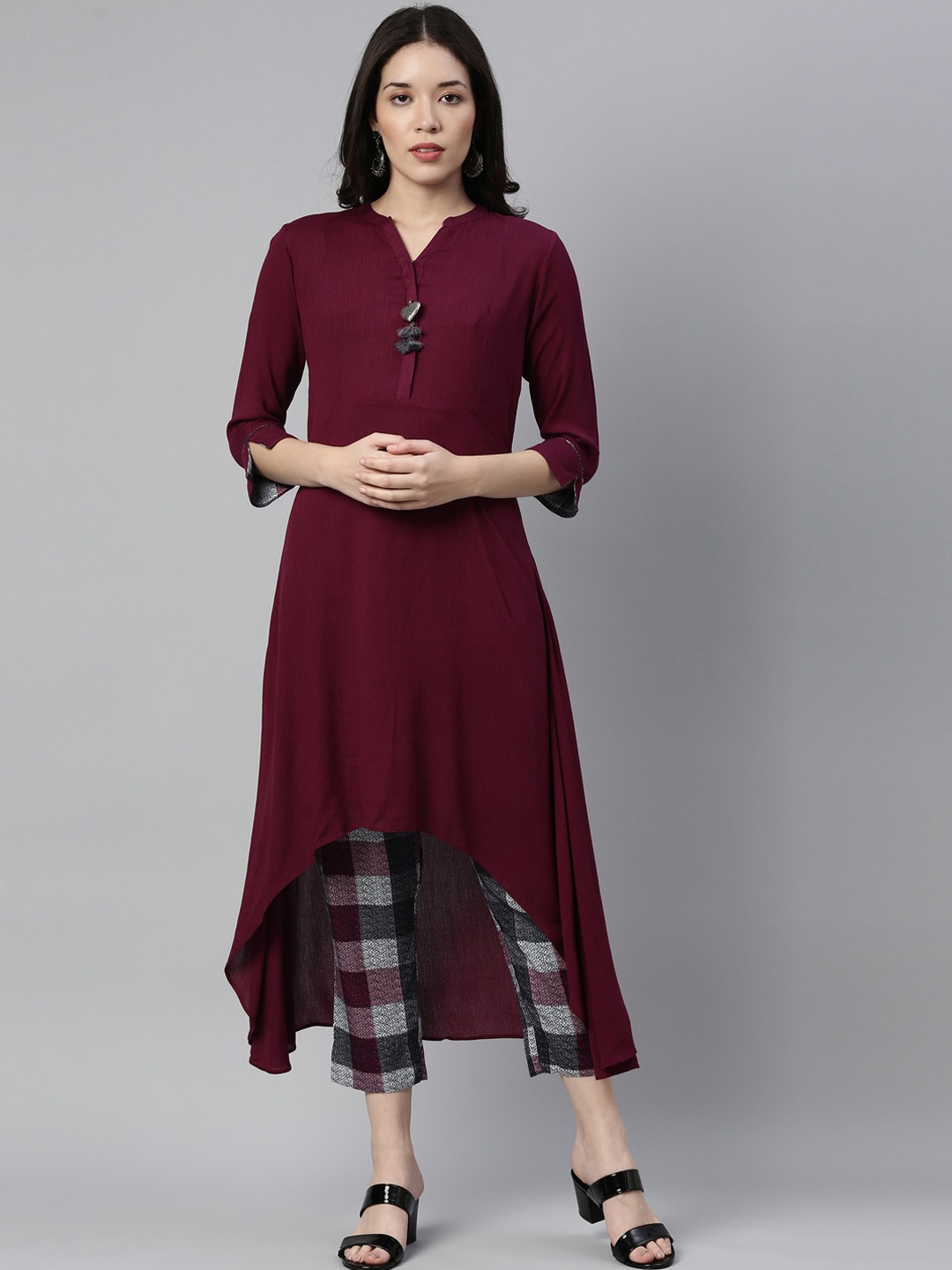 

Neerus Women Red High Low Kurta with Checked Trousers